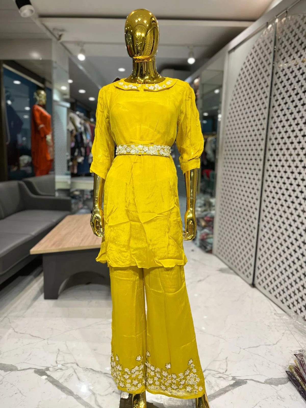 Mustard Yellow Pure Chinon Handwork Palazzo Cord Set for Women | Designer 2 Piece Ethnic Co-ord Set