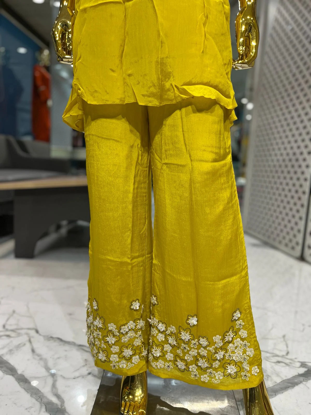 Mustard Yellow Pure Chinon Handwork Palazzo Cord Set for Women | Designer 2 Piece Ethnic Co-ord Set