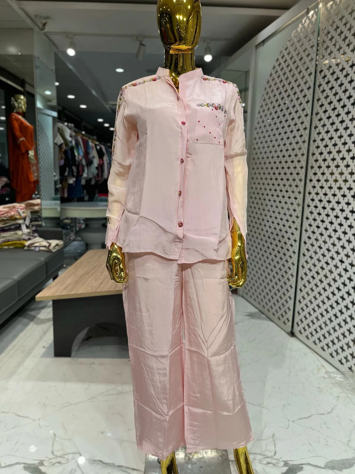 Baby Pink Pure Crape Hand & Embroidery Work 2 Piece Cord Set for Women | Designer Ethnic Wear