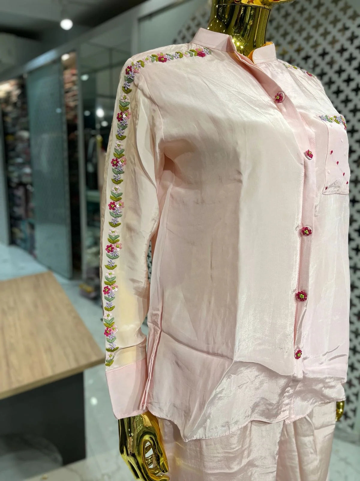 Baby Pink Pure Crape Hand & Embroidery Work 2 Piece Cord Set for Women | Designer Ethnic Wear