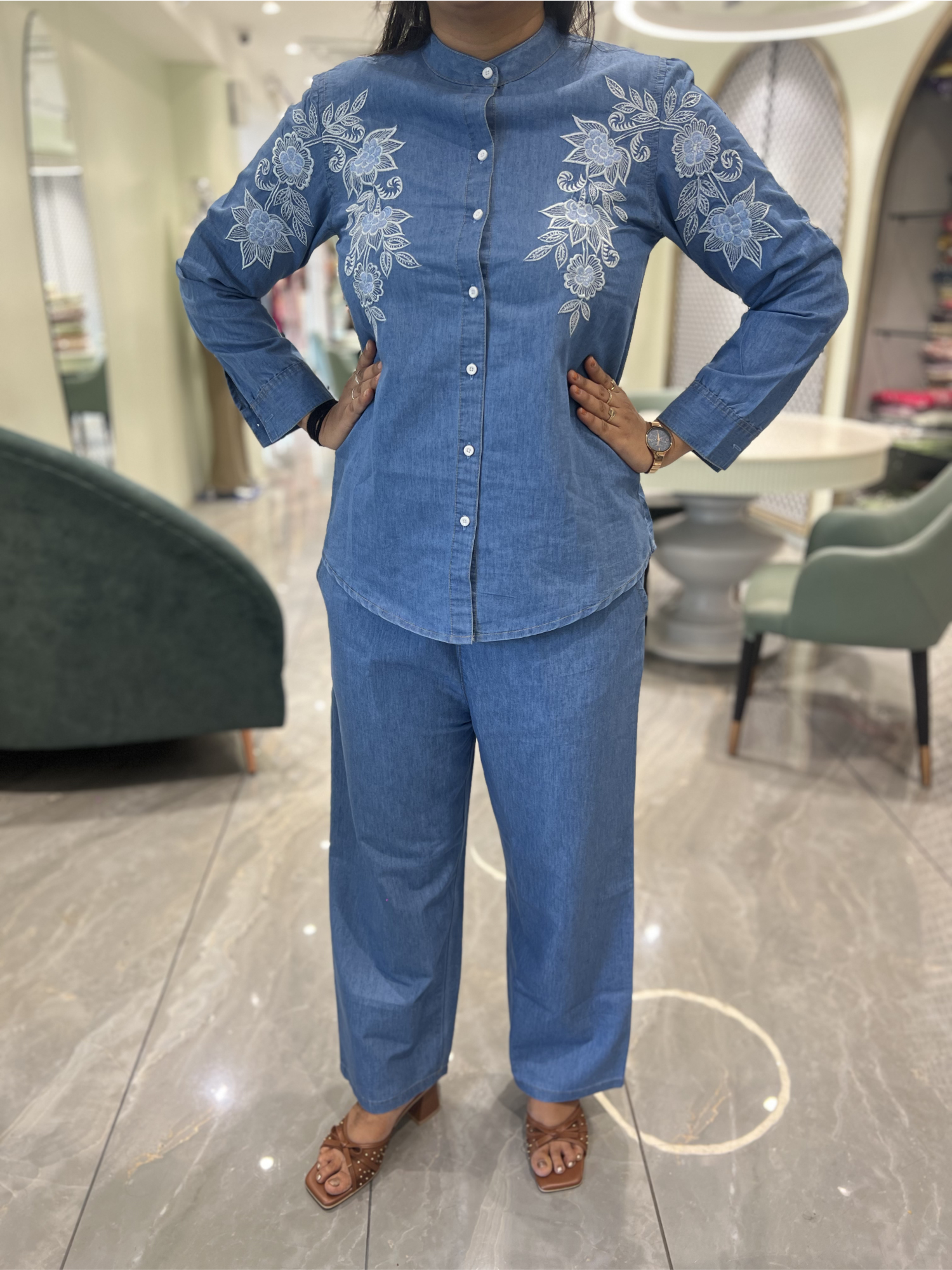 Light Blue Thread Work Denim Blue Cordset - VKMGORI 5974 22