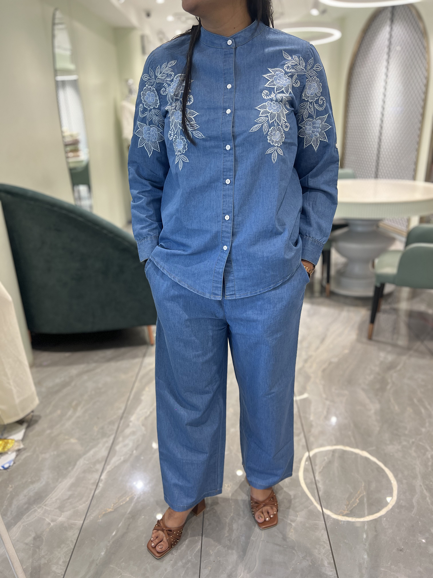 Light Blue Thread Work Denim Blue Cordset - VKMGORI 5974 22