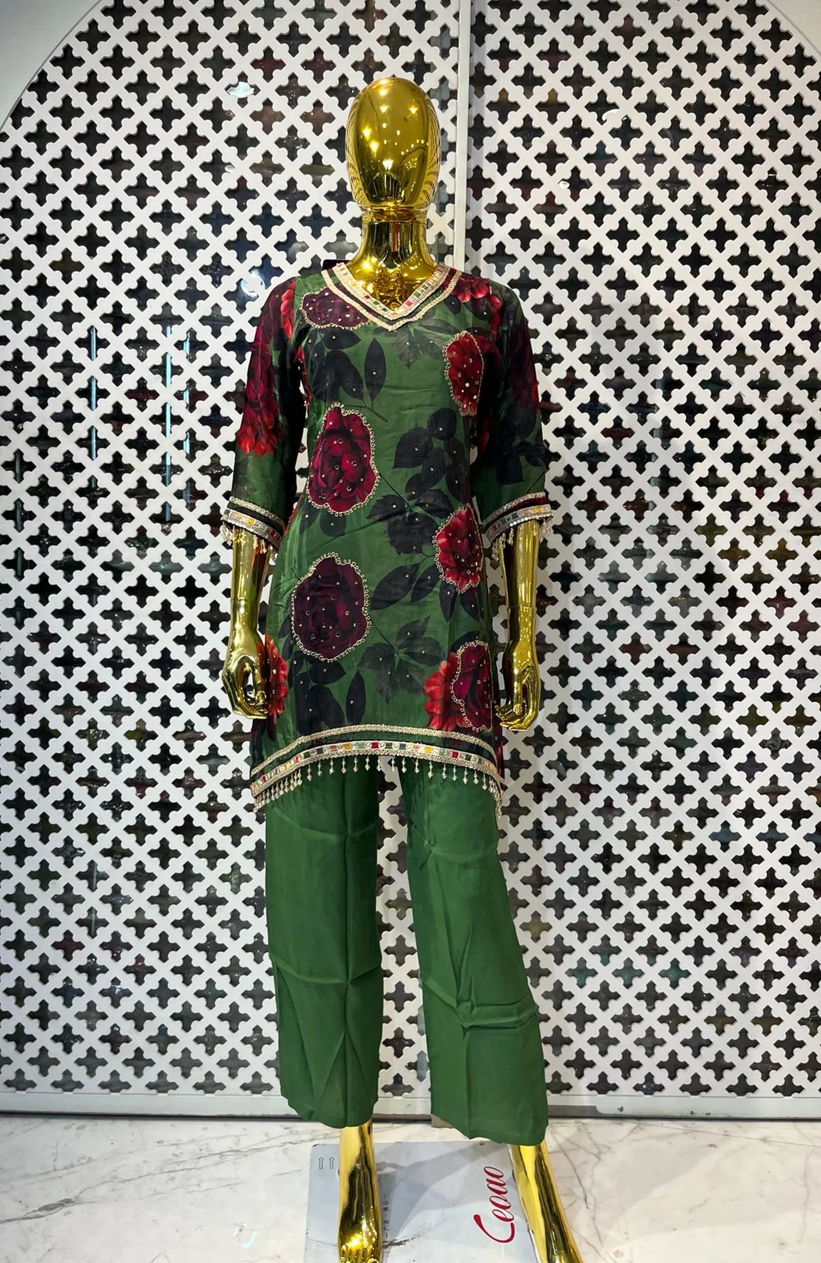 Bottle Green Floral Printed Co-Ord Set for Women | Embroidered & Lace Work Designer 2 Piece Cord Set