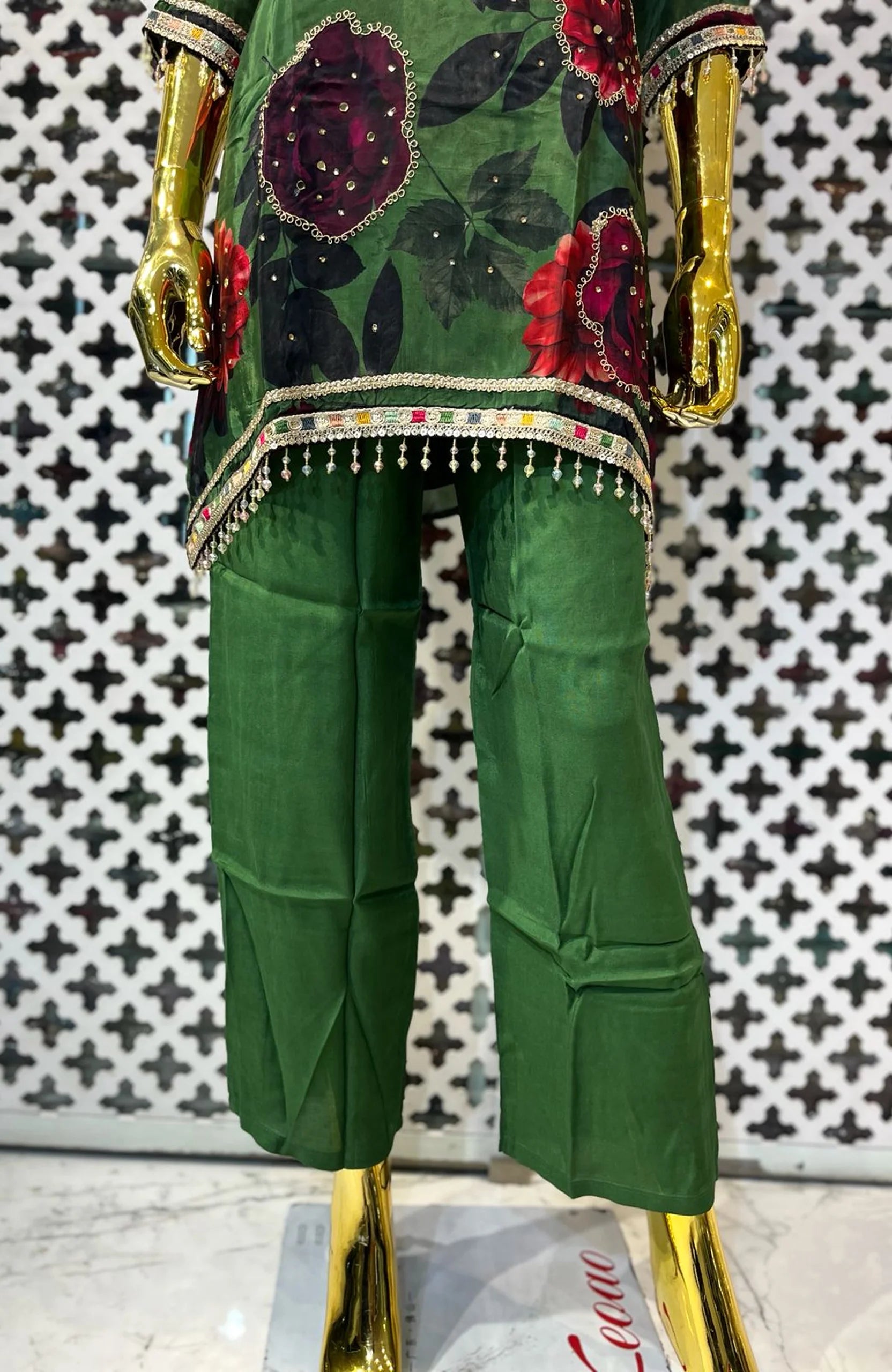 Bottle Green Floral Printed Co-Ord Set for Women | Embroidered & Lace Work Designer 2 Piece Cord Set