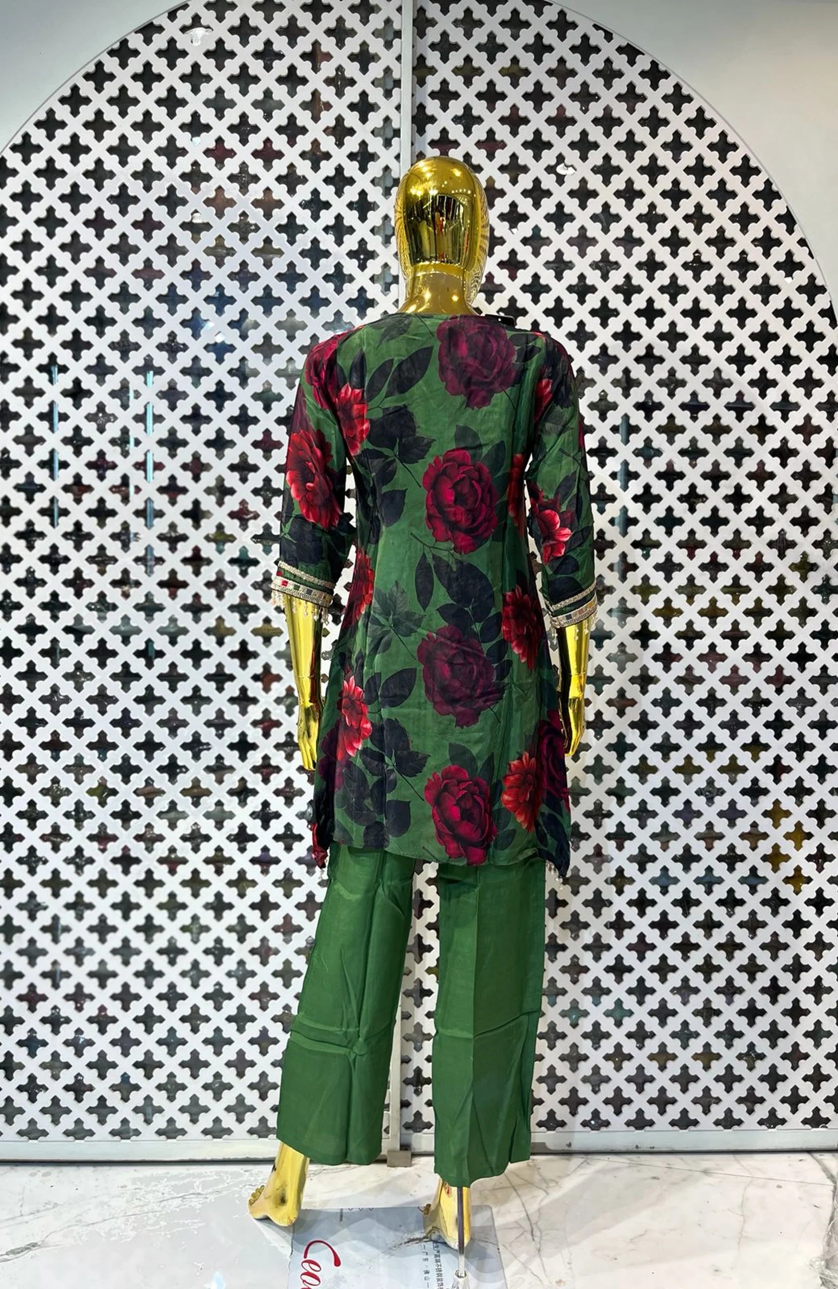 Bottle Green Floral Printed Co-Ord Set for Women | Embroidered & Lace Work Designer 2 Piece Cord Set