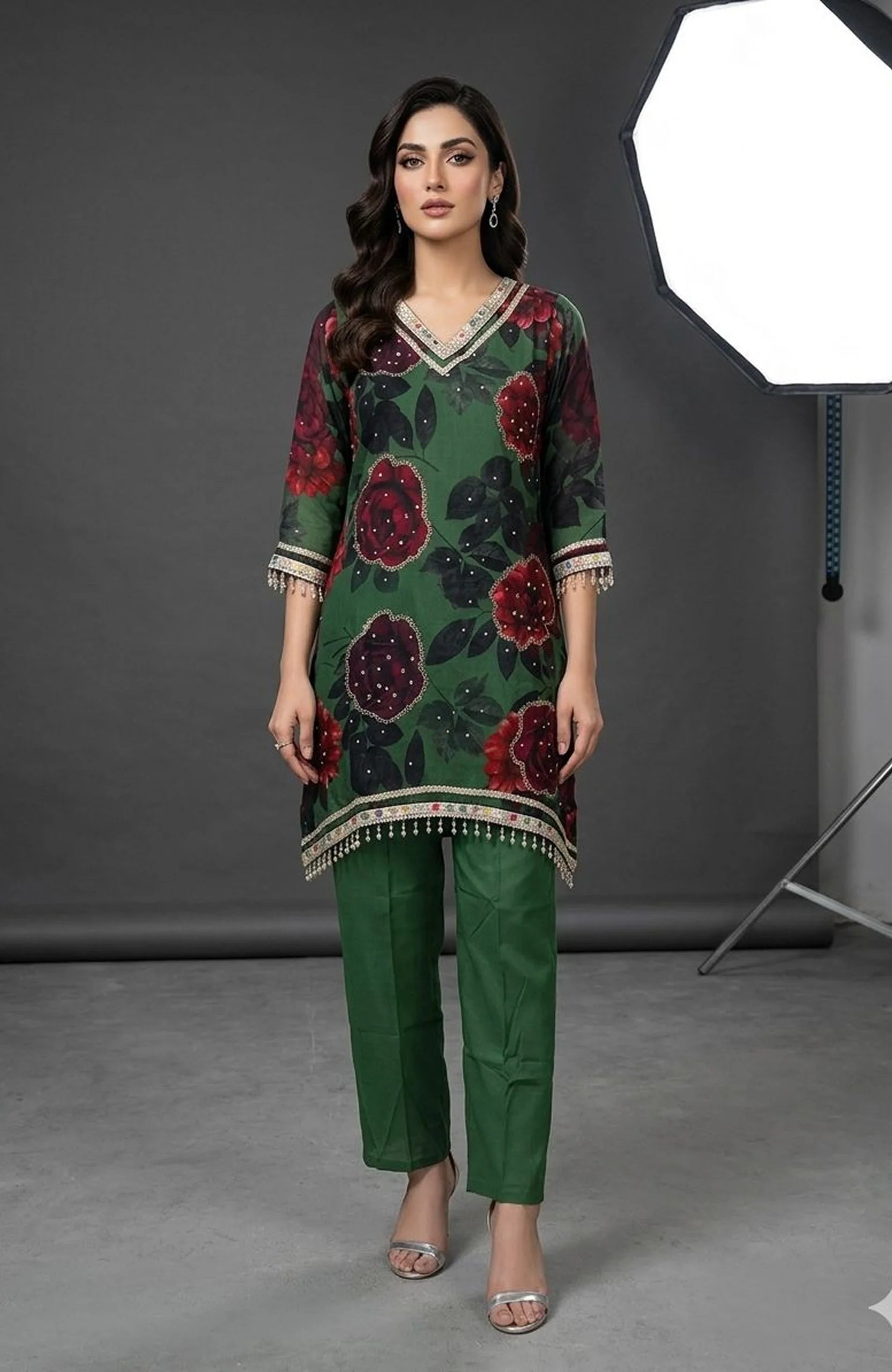 Bottle Green Floral Printed Co-Ord Set for Women | Embroidered & Lace Work Designer 2 Piece Cord Set