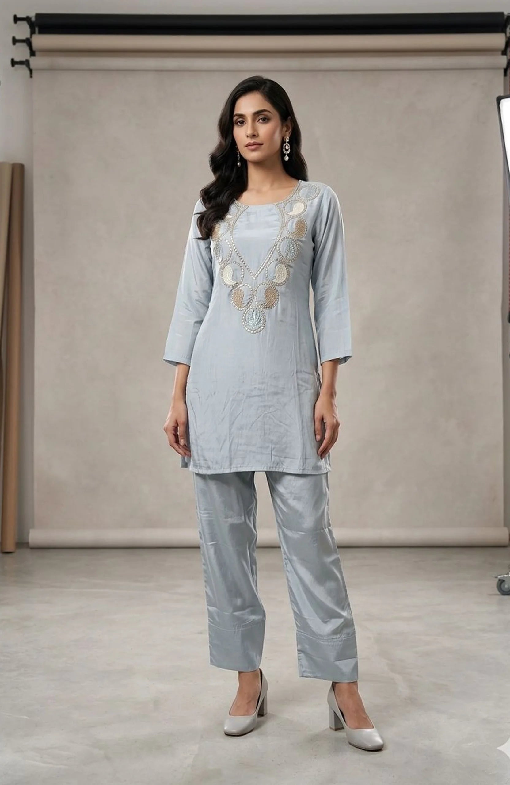 Sky Blue Pure Chinon Handwork Co-Ord Set for Women | Premium 2 Piece Designer Outfit
