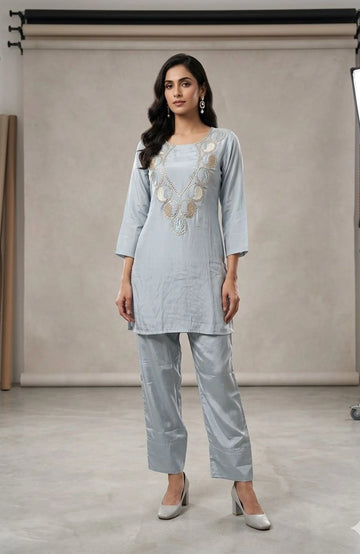 Sky Blue Pure Chinon Handwork Co-Ord Set for Women | Premium 2 Piece Designer Outfit