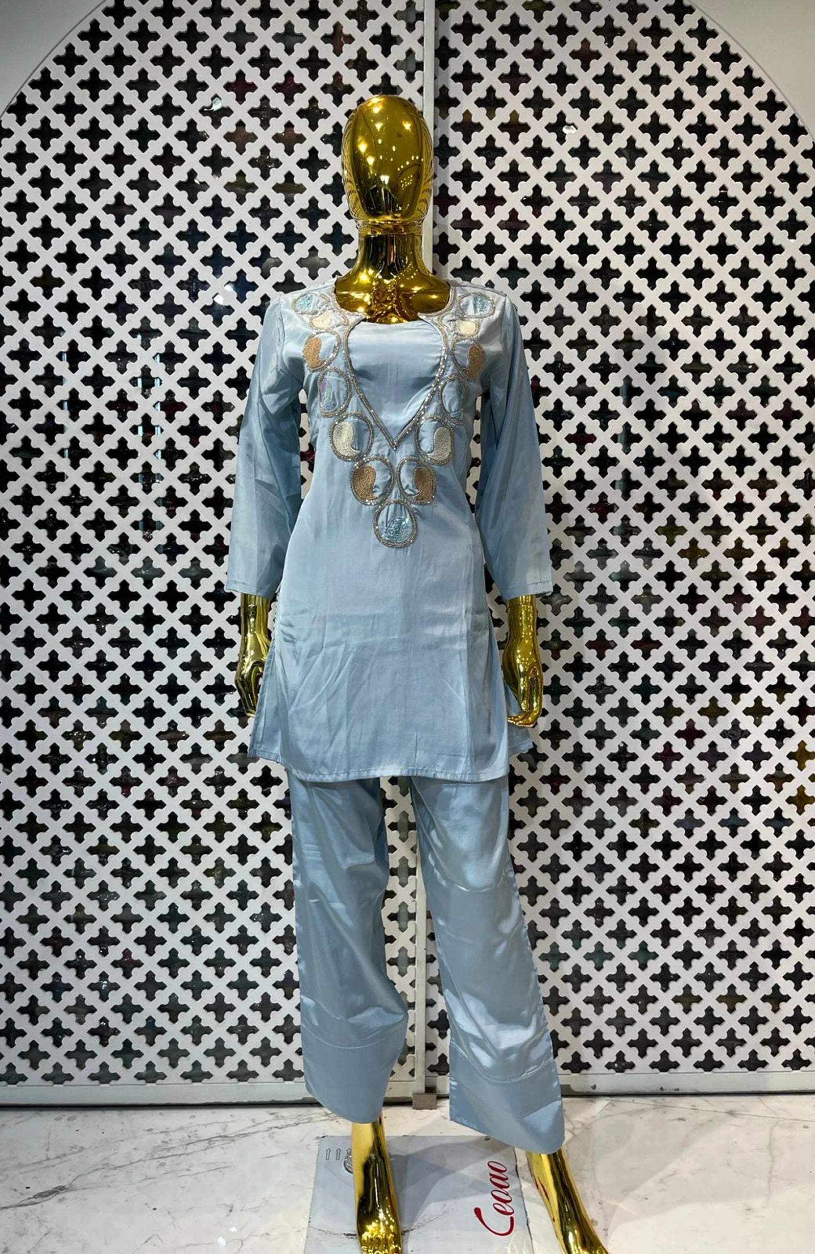 Sky Blue Pure Chinon Handwork Co-Ord Set for Women | Premium 2 Piece Designer Outfit
