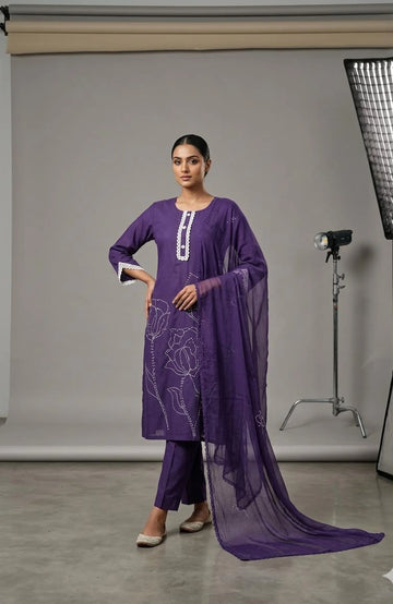 Wine Imported Fabric Katha Work 3 Piece Kurti Pant Dupatta Set for Women | Designer Ethnic Wear