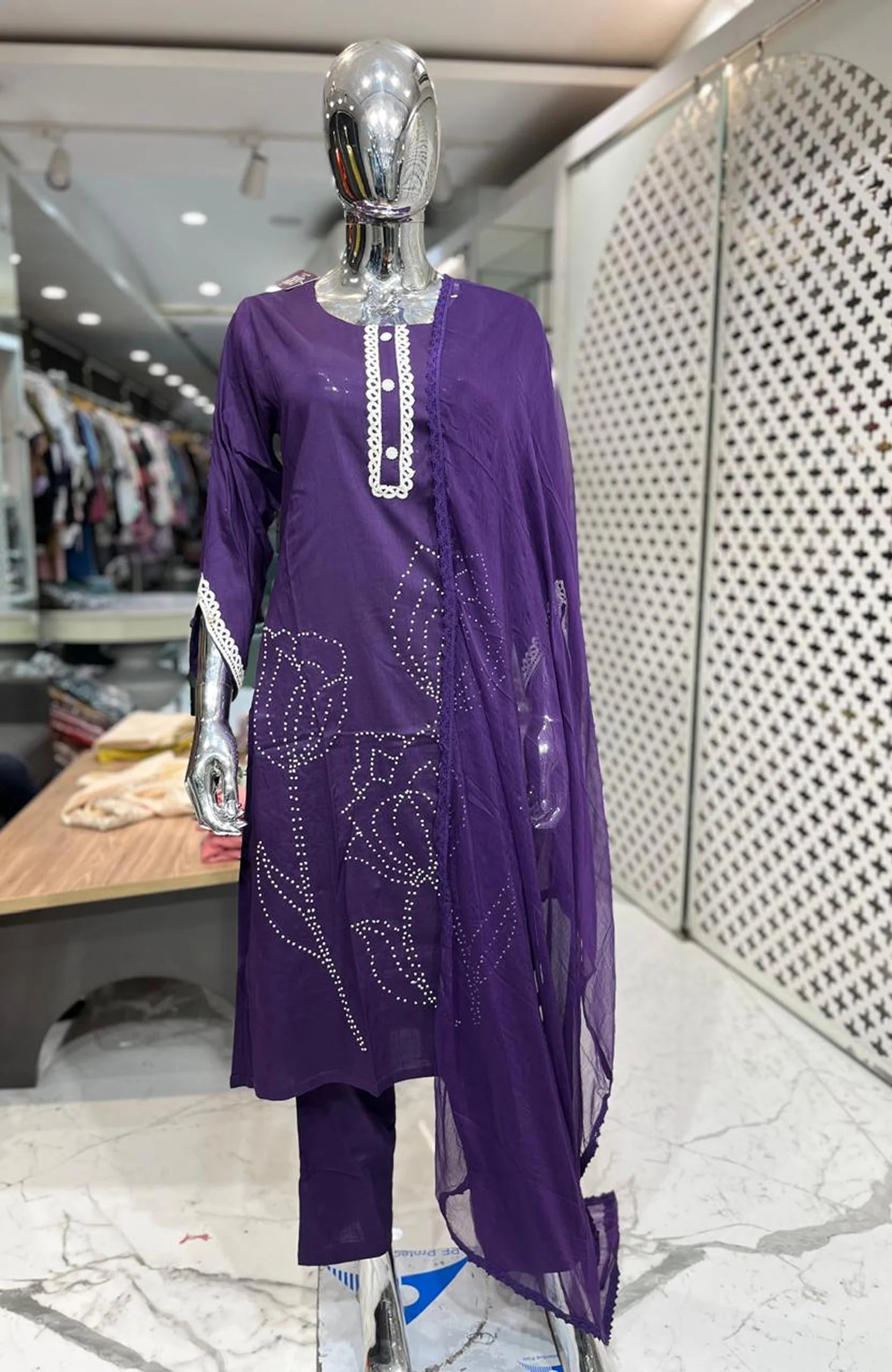 Wine Imported Fabric Katha Work 3 Piece Kurti Pant Dupatta Set for Women | Designer Ethnic Wear