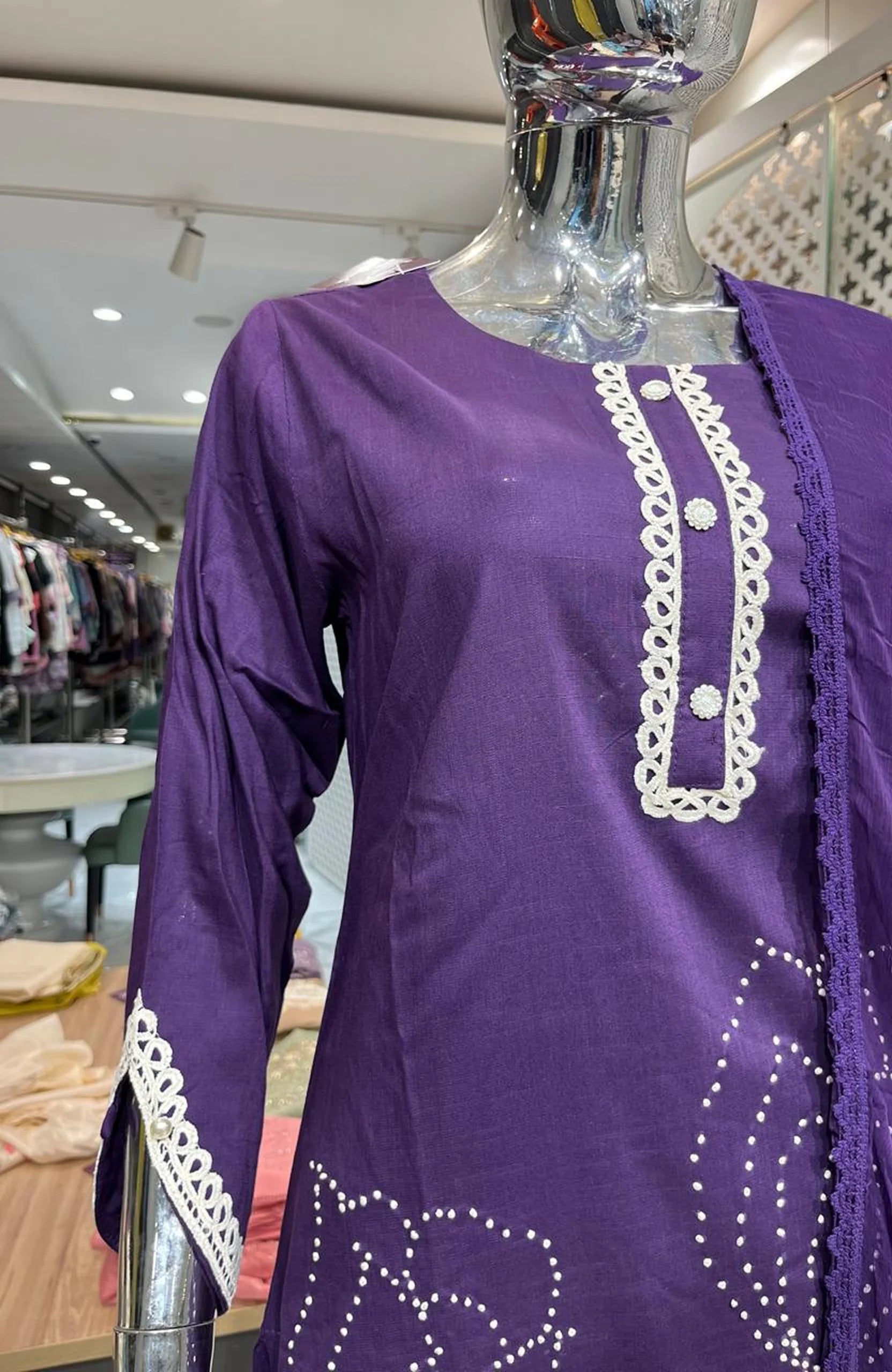 Wine Imported Fabric Katha Work 3 Piece Kurti Pant Dupatta Set for Women | Designer Ethnic Wear