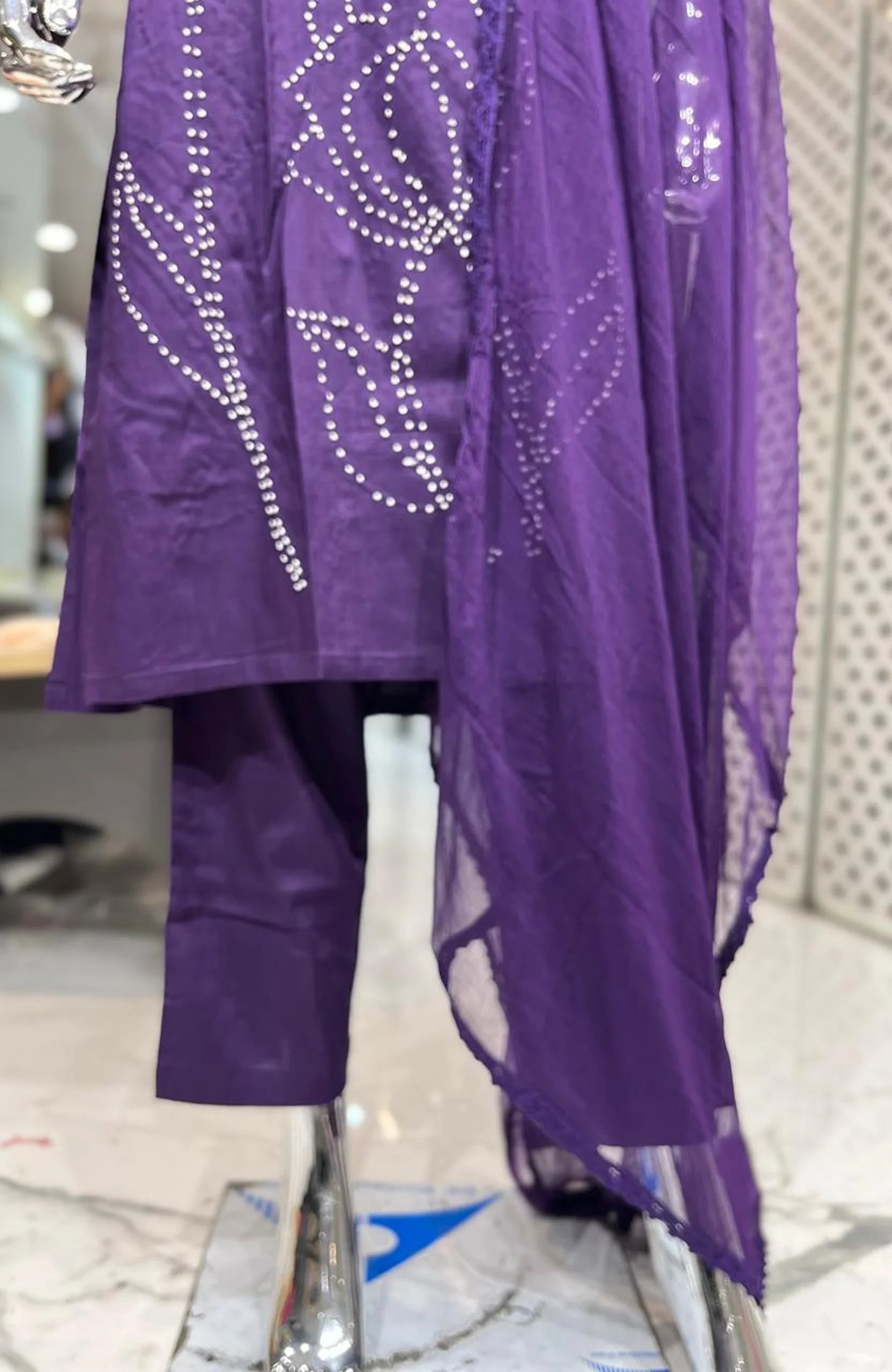 Wine Imported Fabric Katha Work 3 Piece Kurti Pant Dupatta Set for Women | Designer Ethnic Wear