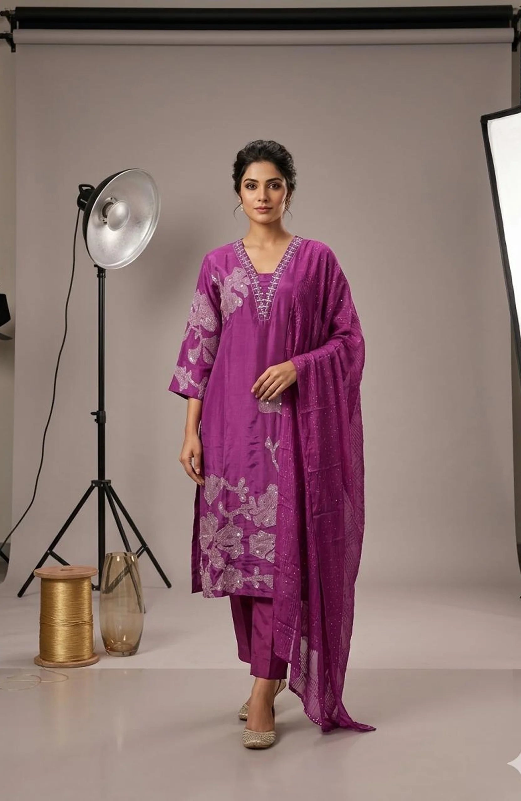 Falsa Pure Crepe Handwork Mirror Work 3 Piece Kurti Pant Dupatta Set for Women | Designer Ethnic Wear