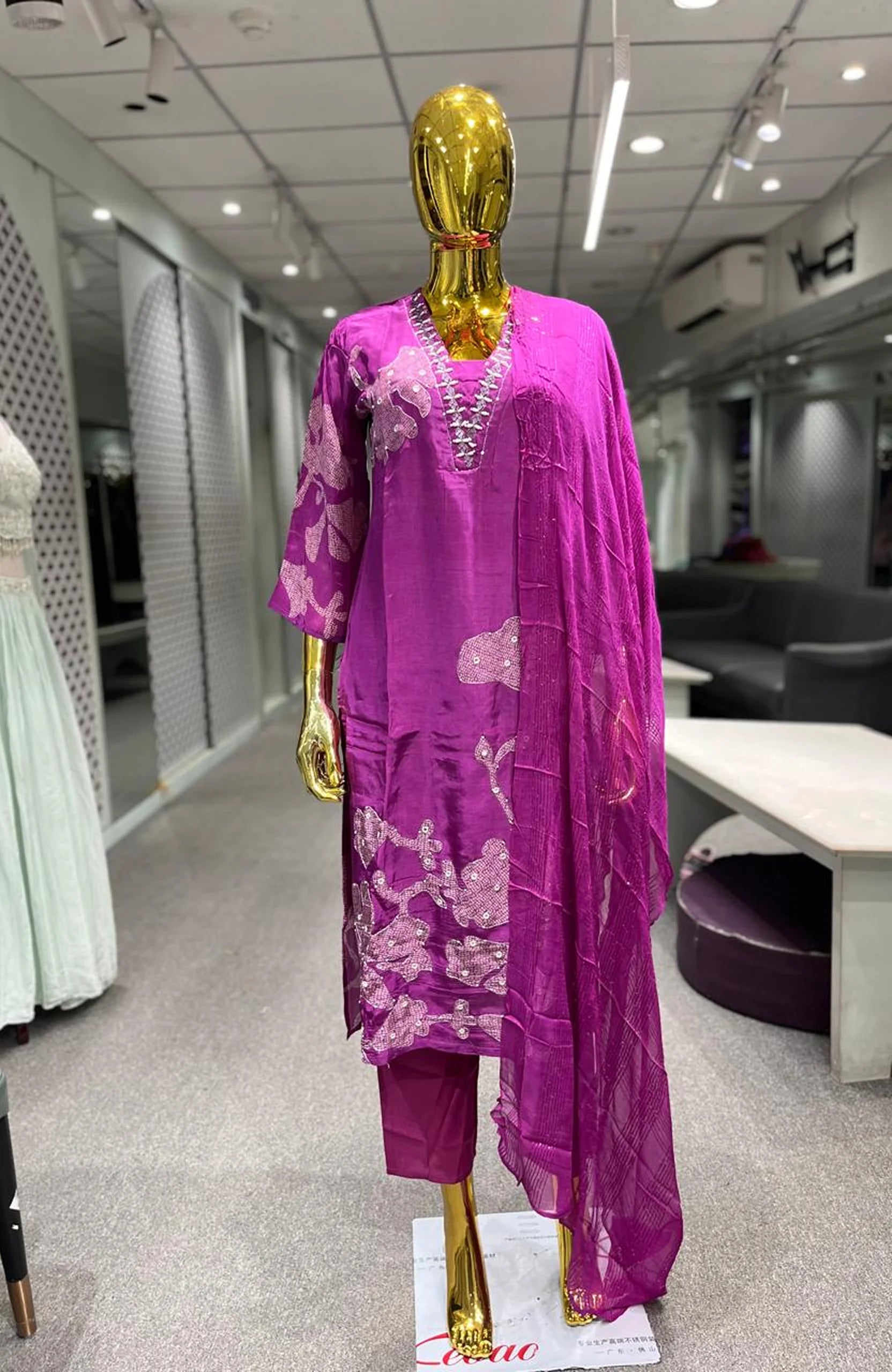 Falsa Pure Crepe Handwork Mirror Work 3 Piece Kurti Pant Dupatta Set for Women | Designer Ethnic Wear