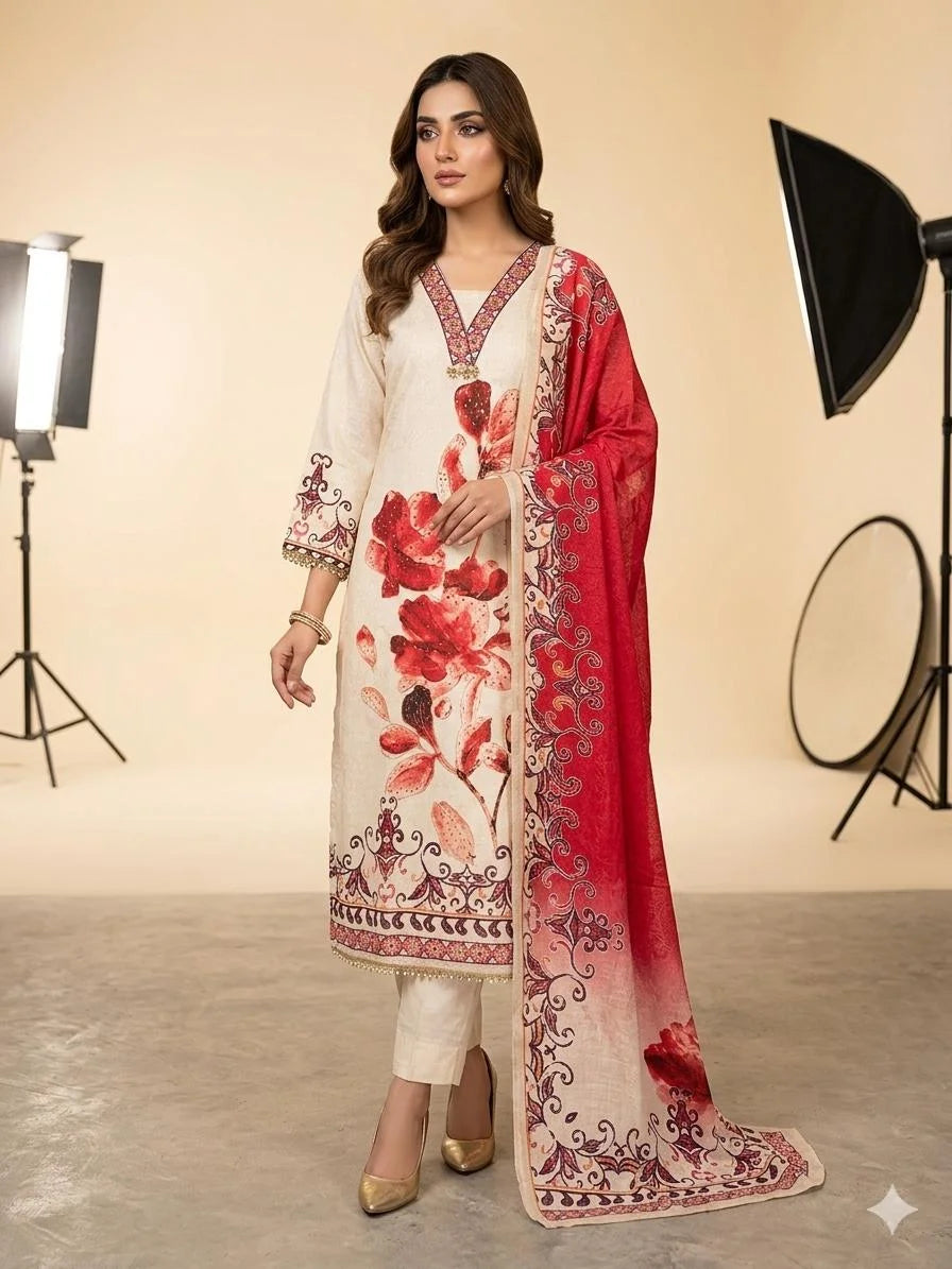 Chiku Maroon Floral Print Slub Cotton 3 Piece Kurti Pant Dupatta Set for Women | Designer Ethnic Wear