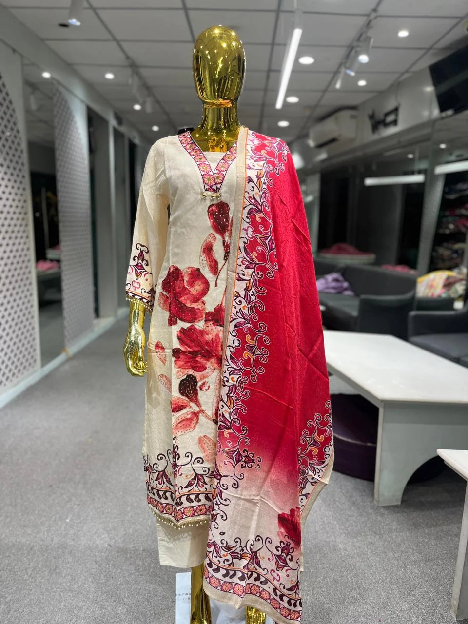 Chiku Maroon Floral Print Slub Cotton 3 Piece Kurti Pant Dupatta Set for Women | Designer Ethnic Wear