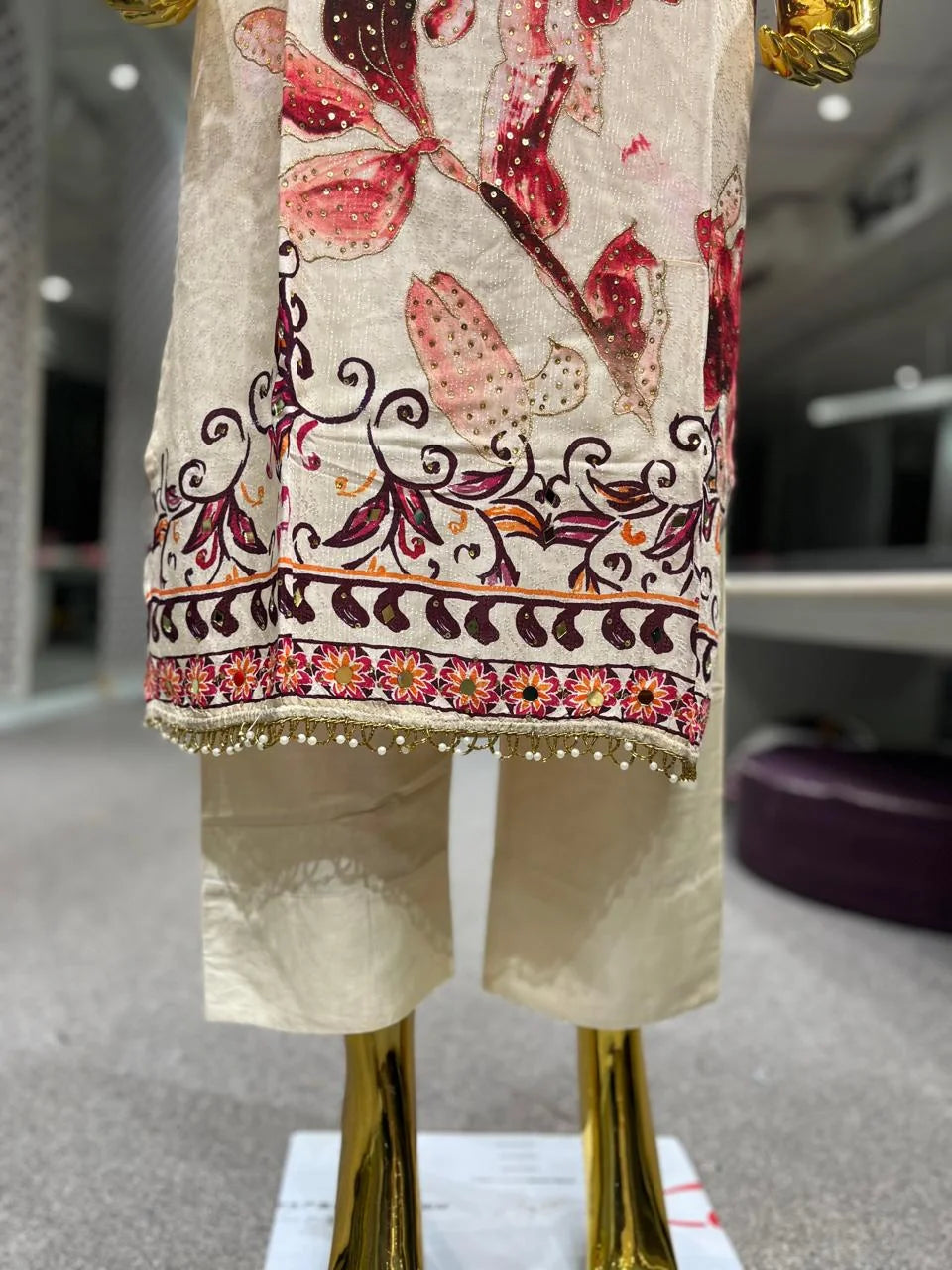Chiku Maroon Floral Print Slub Cotton 3 Piece Kurti Pant Dupatta Set for Women | Designer Ethnic Wear