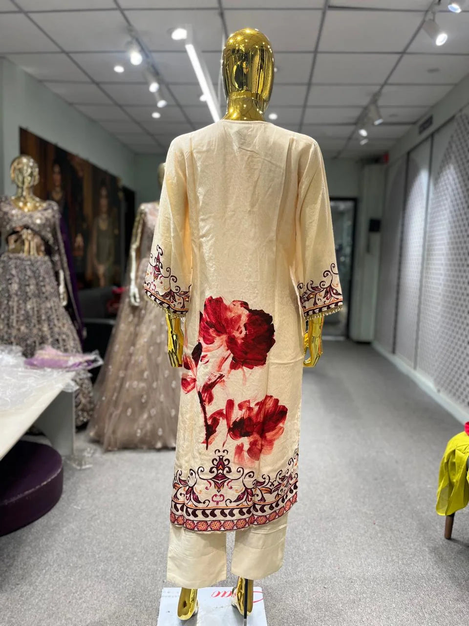 Chiku Maroon Floral Print Slub Cotton 3 Piece Kurti Pant Dupatta Set for Women | Designer Ethnic Wear