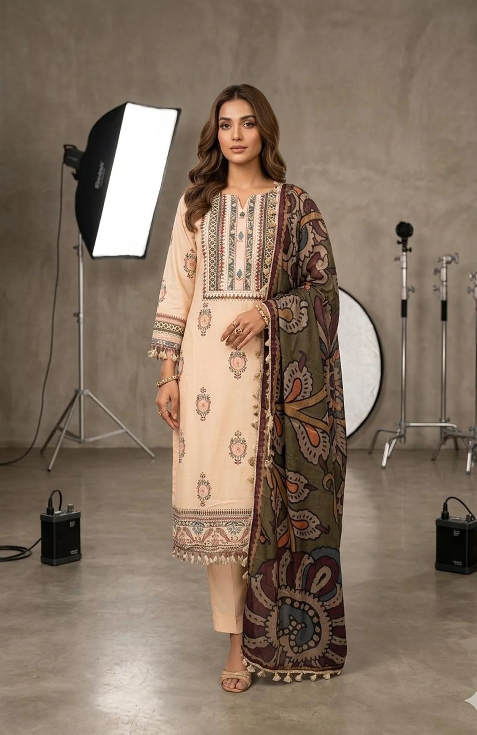 Cream Pure Silk Printed Work 3 Piece Kurti Pant Dupatta Set for Women | Designer Ethnic Wear