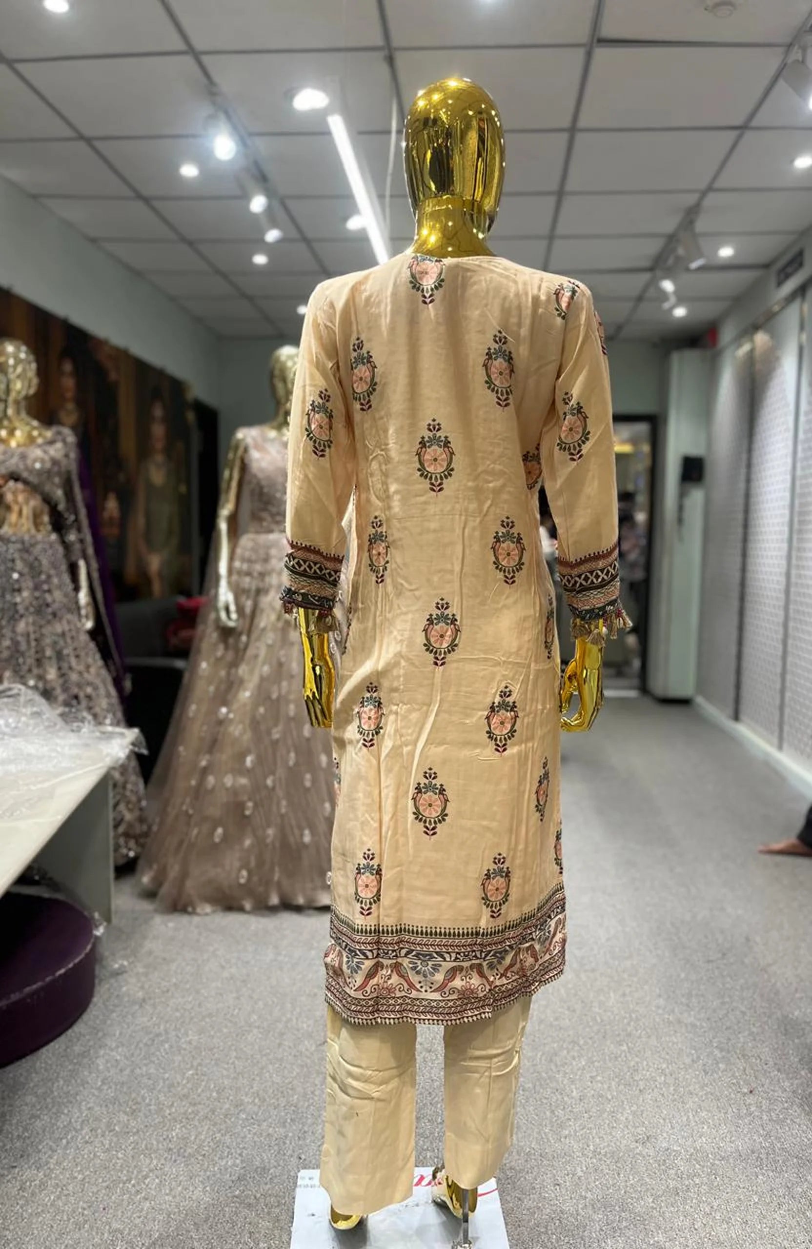Cream Pure Silk Printed Work 3 Piece Kurti Pant Dupatta Set for Women | Designer Ethnic Wear