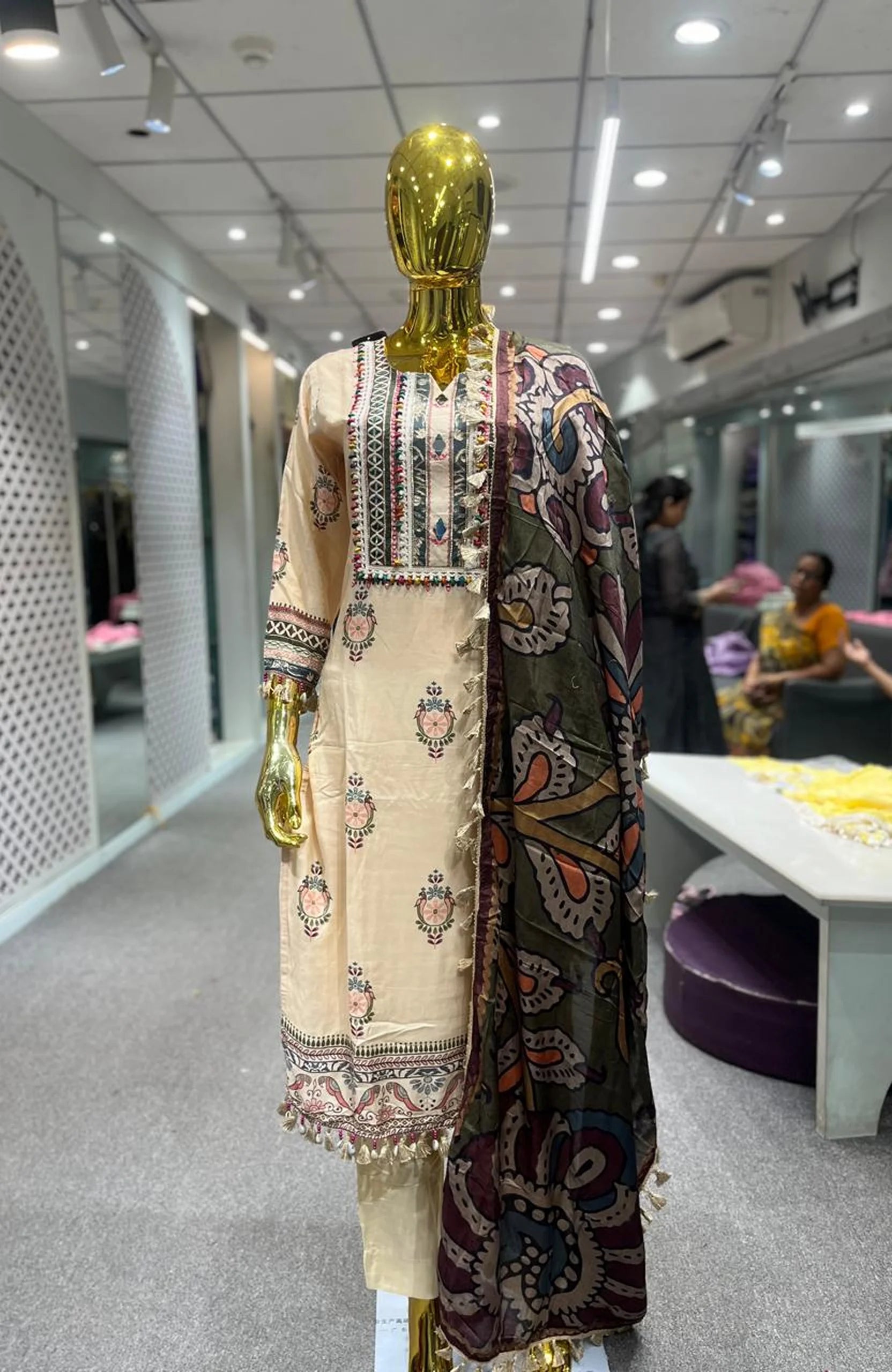 Cream Pure Silk Printed Work 3 Piece Kurti Pant Dupatta Set for Women | Designer Ethnic Wear