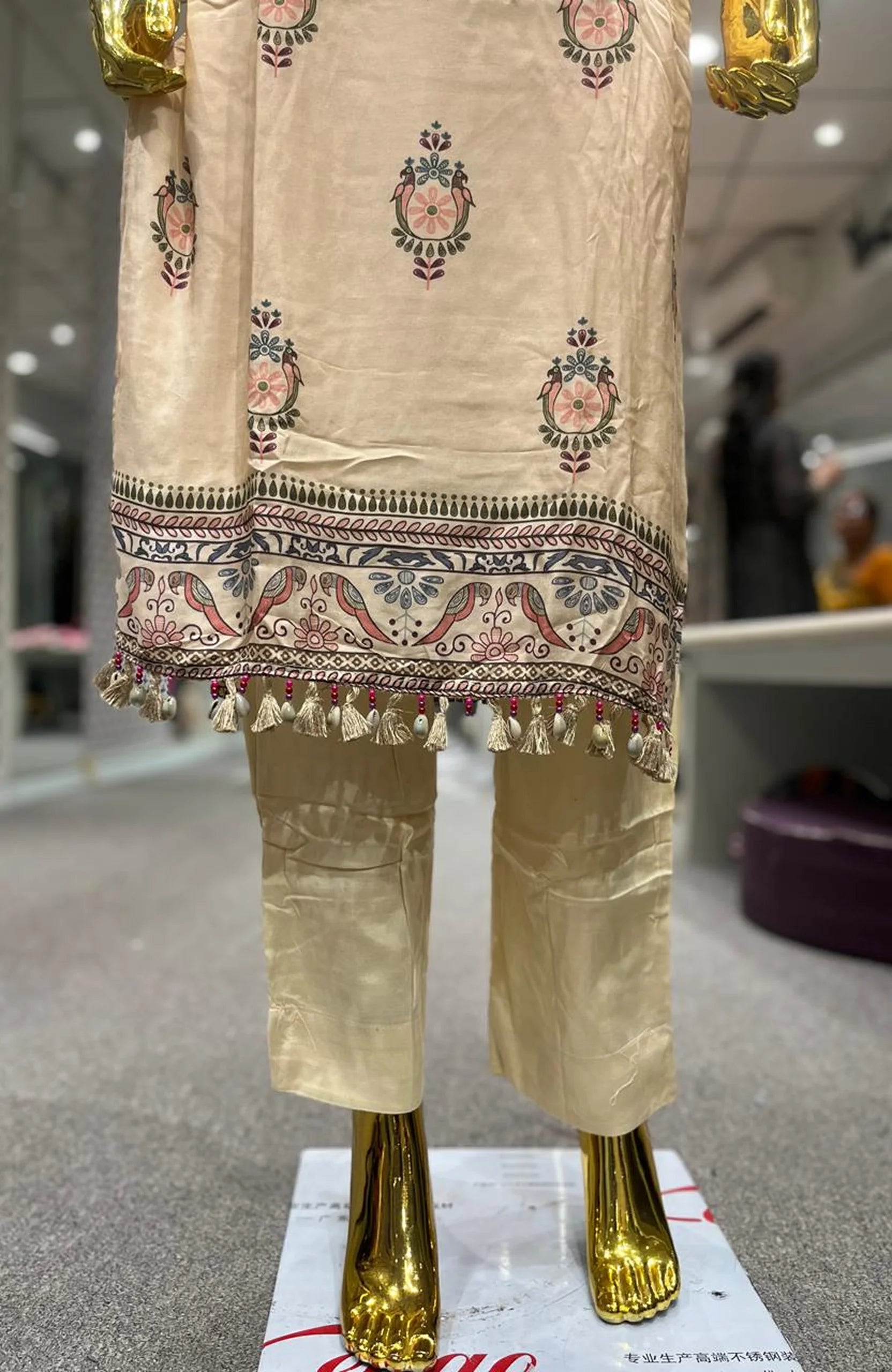 Cream Pure Silk Printed Work 3 Piece Kurti Pant Dupatta Set for Women | Designer Ethnic Wear