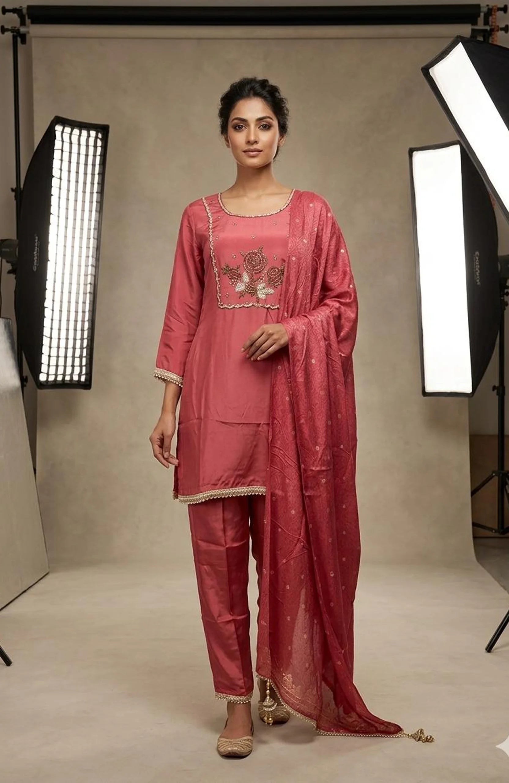 Gazri Pure Crepe Handwork 3 Piece Kurti Pant Dupatta Set for Women | Designer Ethnic Wear