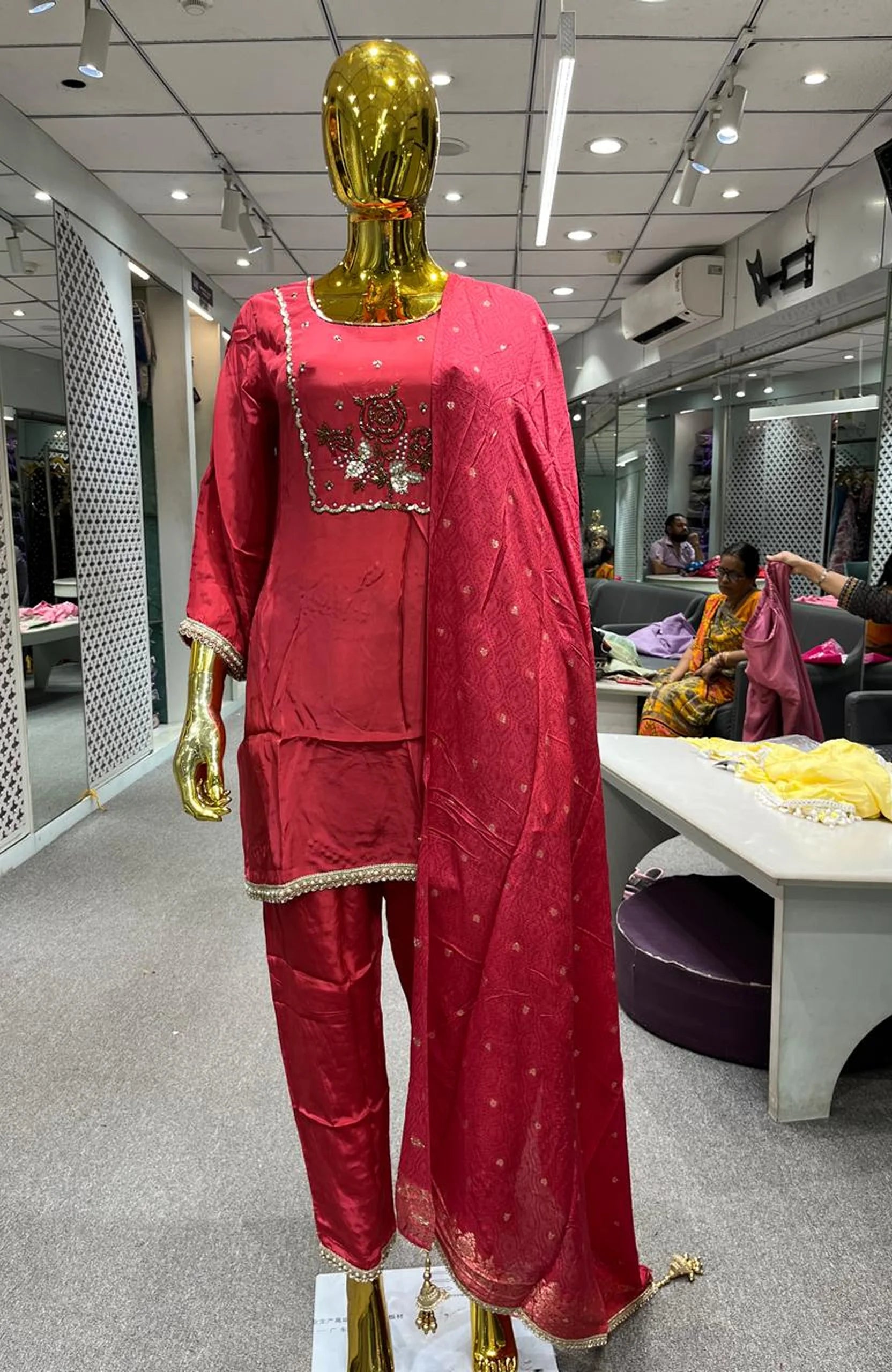 Gazri Pure Crepe Handwork 3 Piece Kurti Pant Dupatta Set for Women | Designer Ethnic Wear