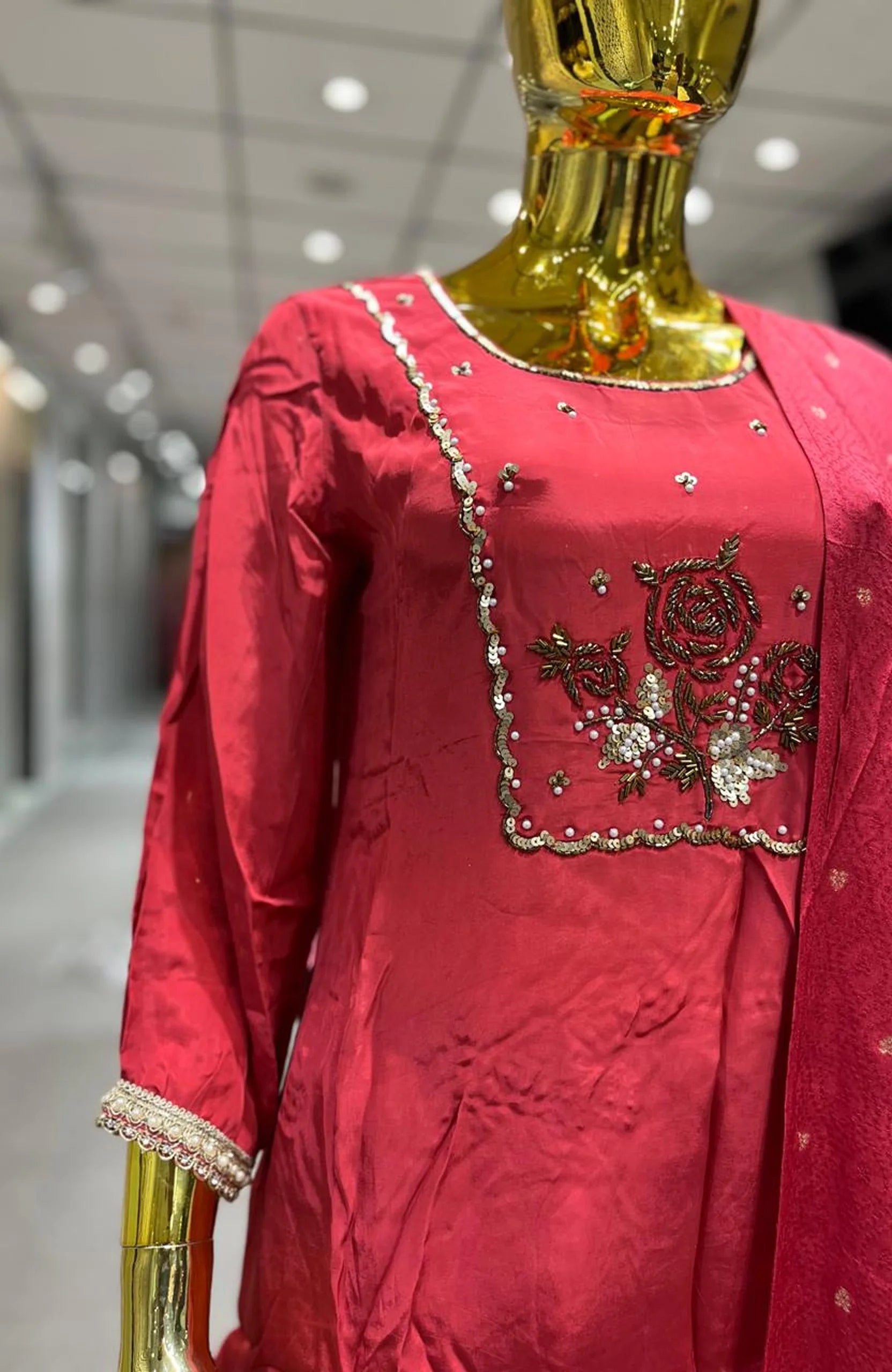 Gazri Pure Crepe Handwork 3 Piece Kurti Pant Dupatta Set for Women | Designer Ethnic Wear