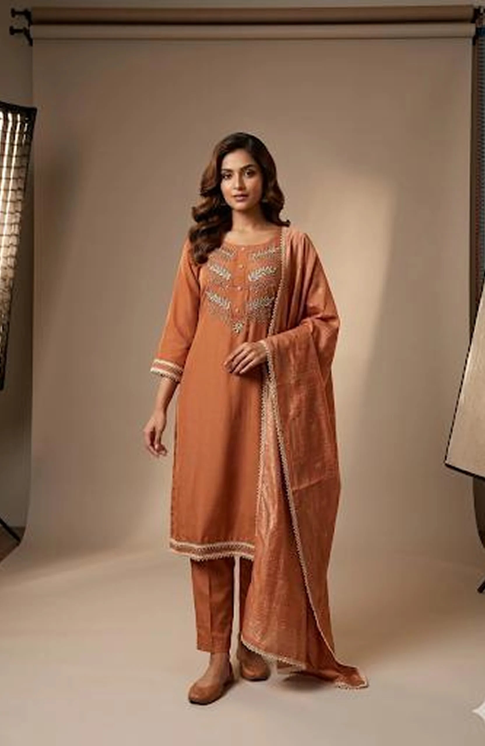 Rust Pure Crepe Handwork 3 Piece Kurti Pant Dupatta Set for Women | Designer Ethnic Wear