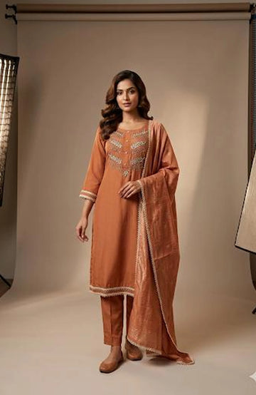 Rust Pure Crepe Handwork 3 Piece Kurti Pant Dupatta Set for Women | Designer Ethnic Wear
