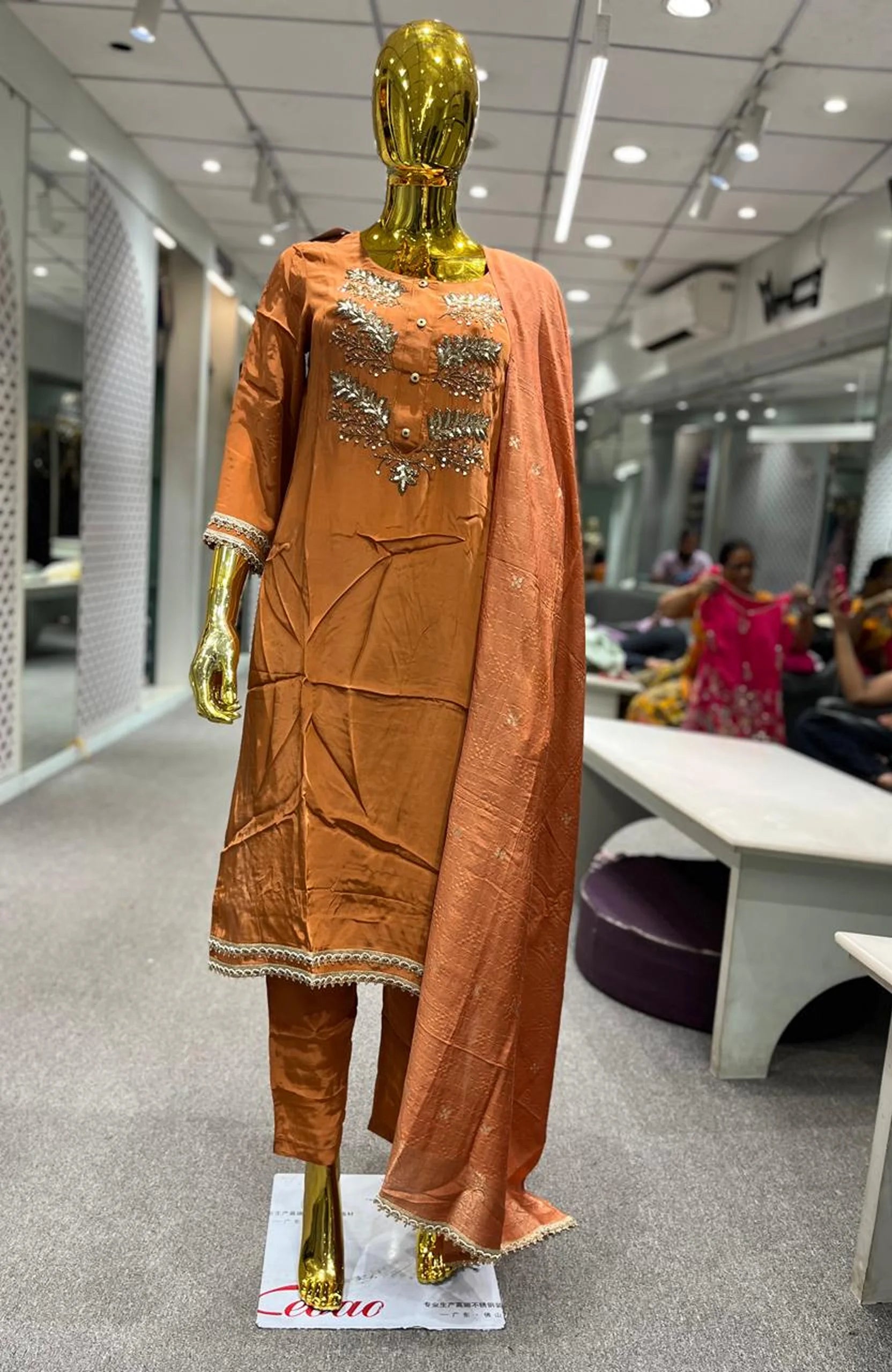 Rust Pure Crepe Handwork 3 Piece Kurti Pant Dupatta Set for Women | Designer Ethnic Wear