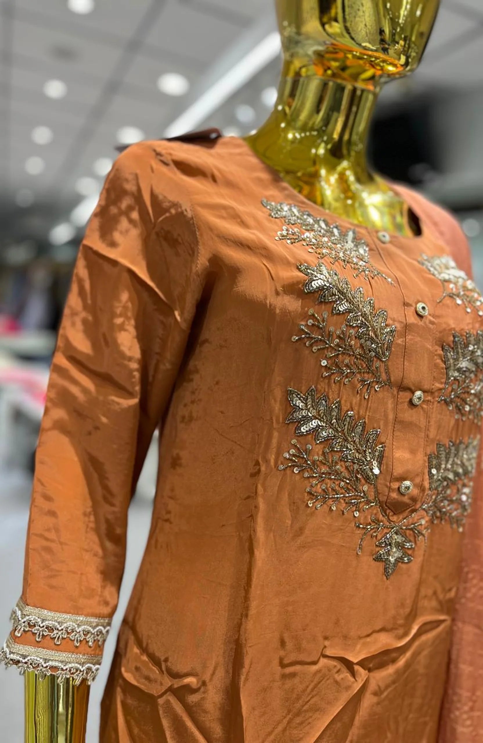 Rust Pure Crepe Handwork 3 Piece Kurti Pant Dupatta Set for Women | Designer Ethnic Wear