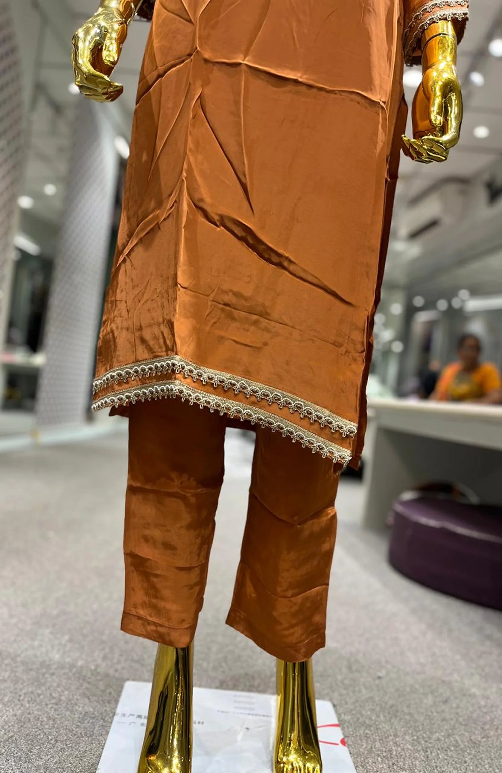 Rust Pure Crepe Handwork 3 Piece Kurti Pant Dupatta Set for Women | Designer Ethnic Wear