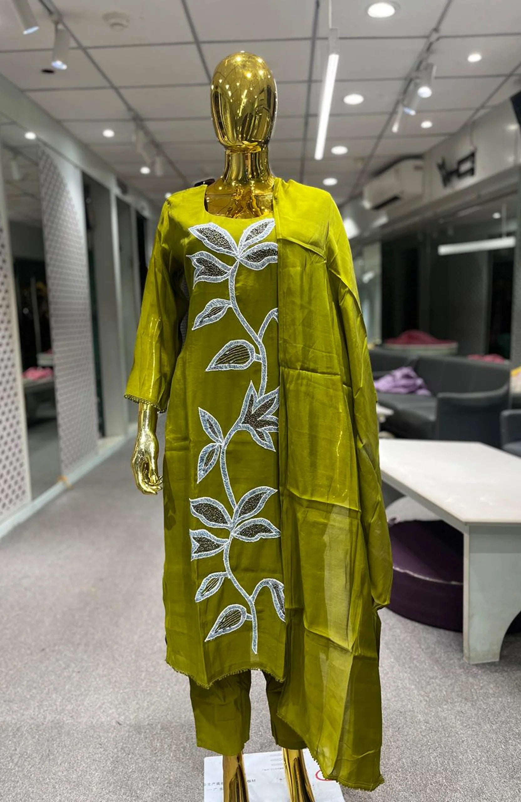 Mehandi Green Pure Silk Kasap & Handwork 3 Piece Kurti Pant Dupatta Set for Women | Premium Ethnic Wear
