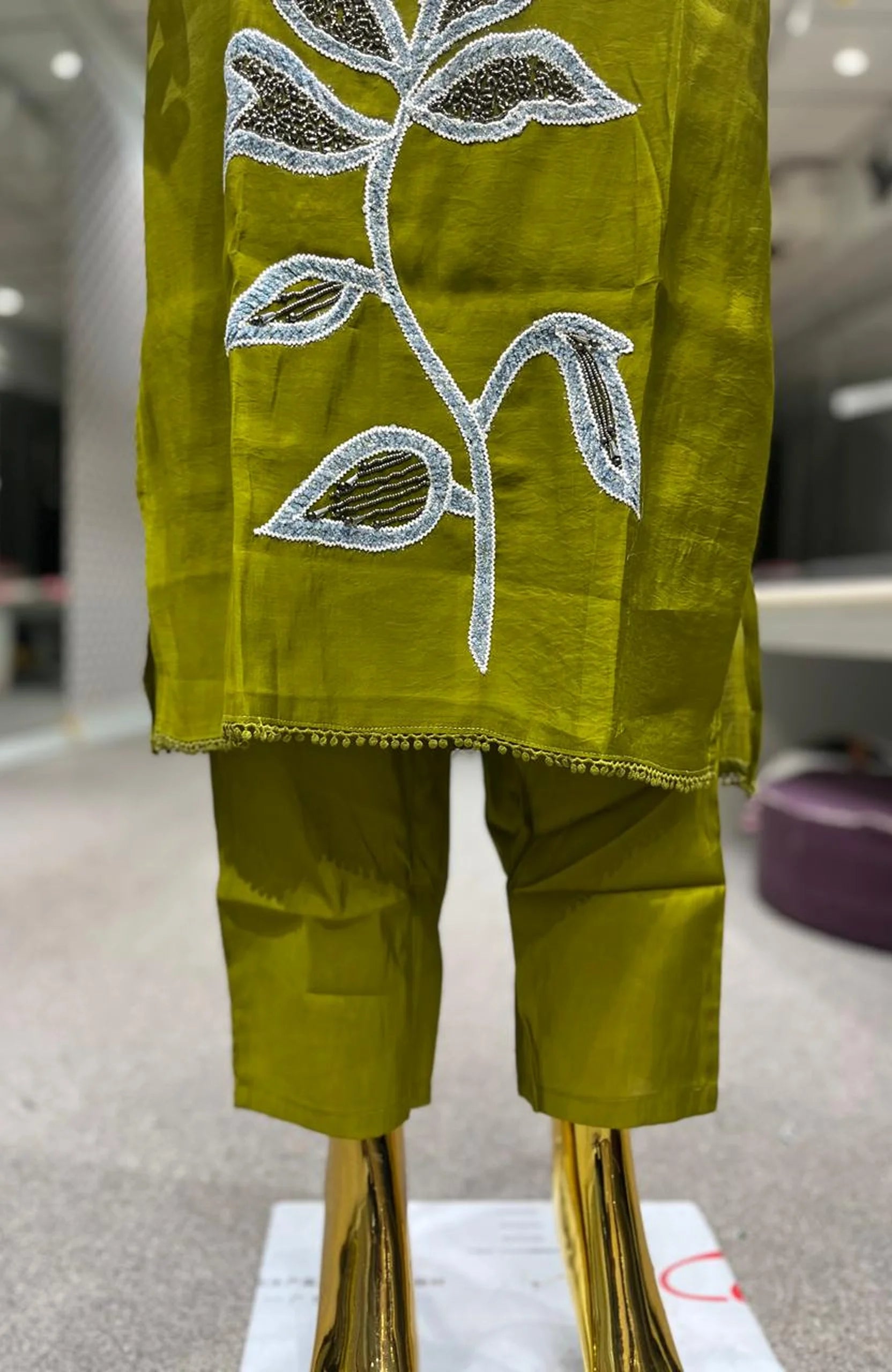 Mehandi Green Pure Silk Kasap & Handwork 3 Piece Kurti Pant Dupatta Set for Women | Premium Ethnic Wear