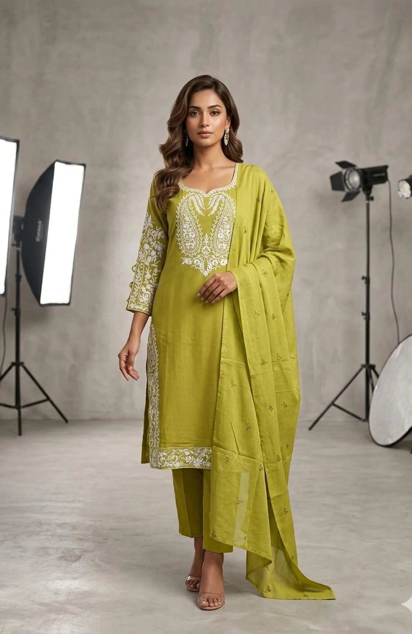 Mustard Yellow Embroidered Handwork 3 Piece Kurti Pant Dupatta Set for Women | Designer Ethnic Wear