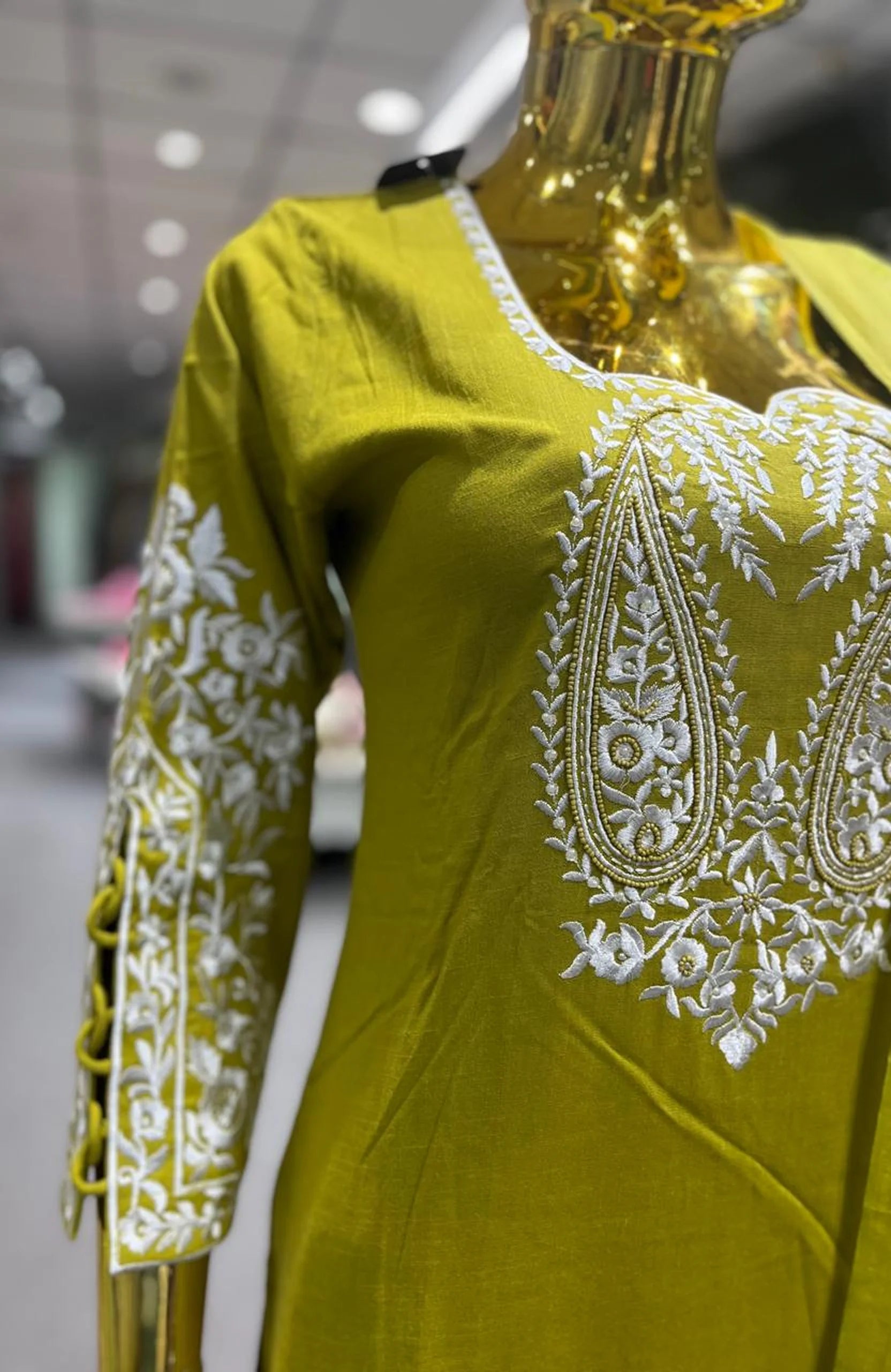 Mustard Yellow Embroidered Handwork 3 Piece Kurti Pant Dupatta Set for Women | Designer Ethnic Wear