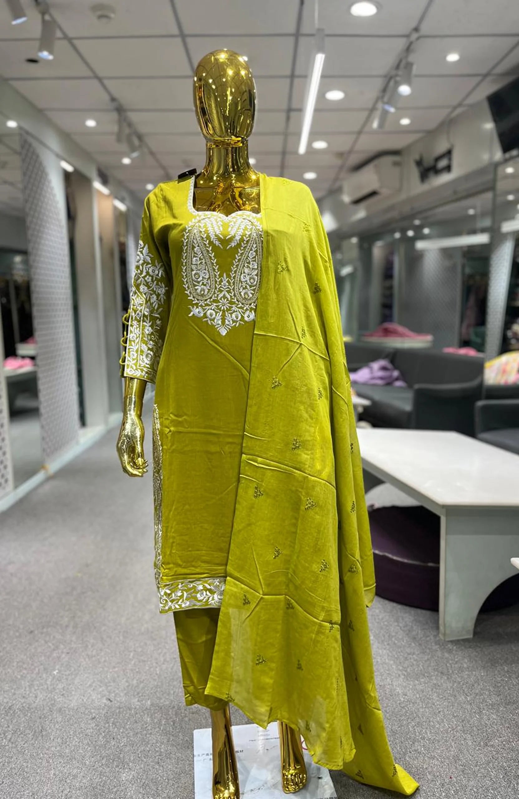 Mustard Yellow Embroidered Handwork 3 Piece Kurti Pant Dupatta Set for Women | Designer Ethnic Wear
