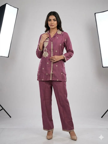 Wine Silk Cotton Embroidered Handwork 3 Piece Kurti Pant Cord Set for Women | Designer Ethnic Wear