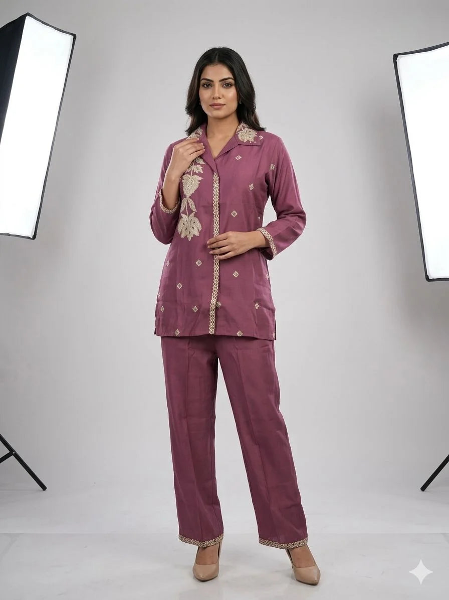 Wine Silk Cotton Embroidered Handwork 3 Piece Kurti Pant Cord Set for Women | Designer Ethnic Wear