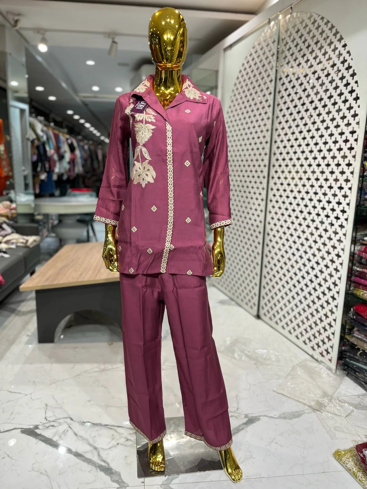 Wine Silk Cotton Embroidered Handwork 3 Piece Kurti Pant Cord Set for Women | Designer Ethnic Wear