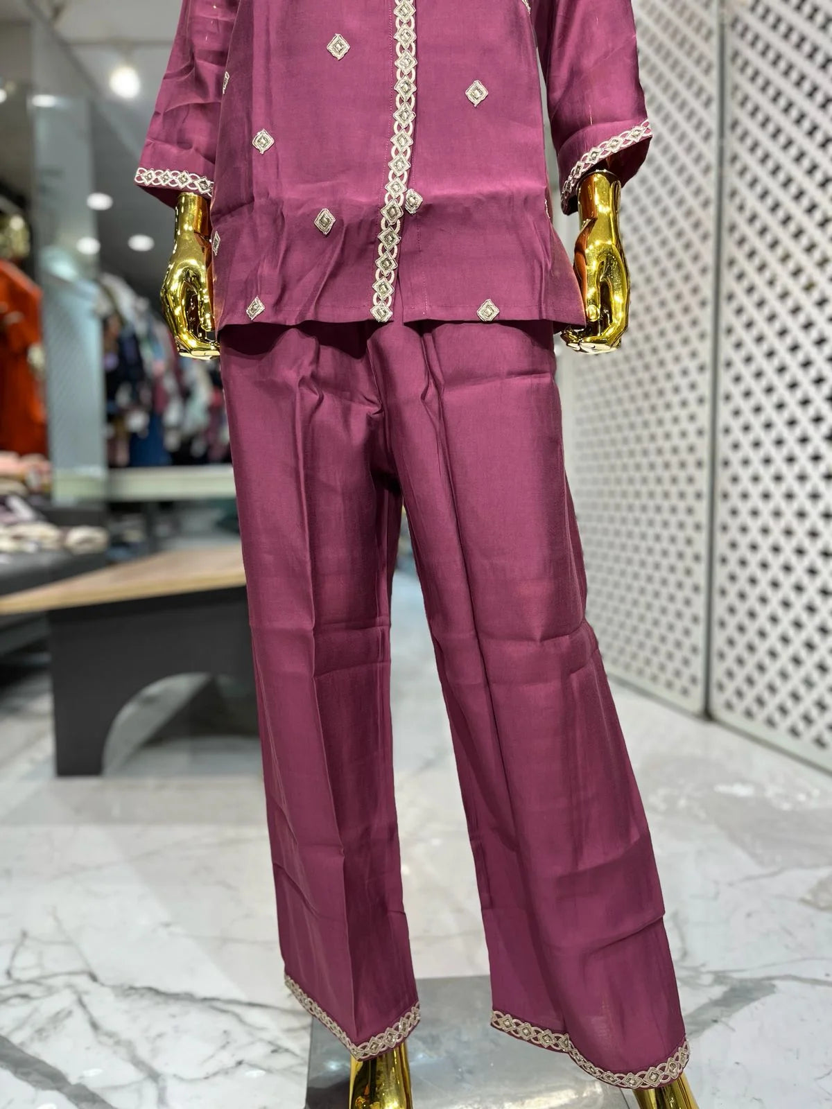 Wine Silk Cotton Embroidered Handwork 3 Piece Kurti Pant Cord Set for Women | Designer Ethnic Wear
