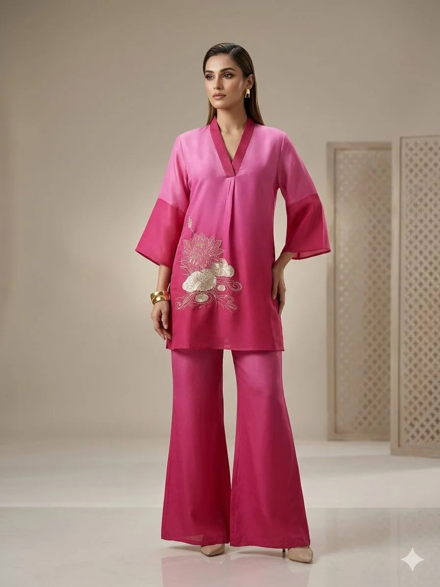 Rani Pink Shaded Pure Georgette Handwork 2 Piece Cord Set for Women | Designer Ethnic Co-Ord Set