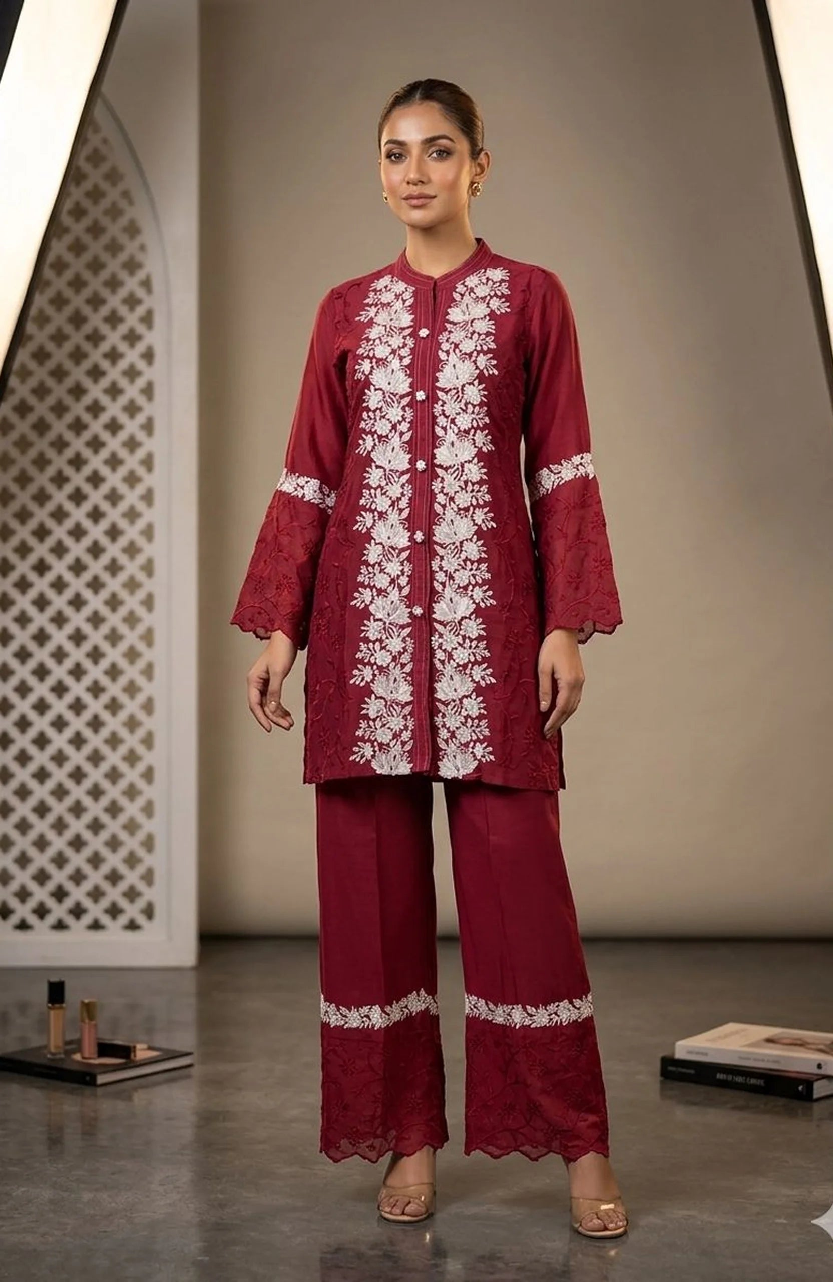 Wine Modal Silk Embroidered Co-Ord Set for Women | Hand Work Designer 2 Piece Cord Set