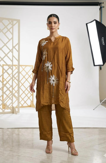 Brown Pure Chinon Hand Work Co-Ord Set for Women | Designer Party Wear 2 Piece Cord Set