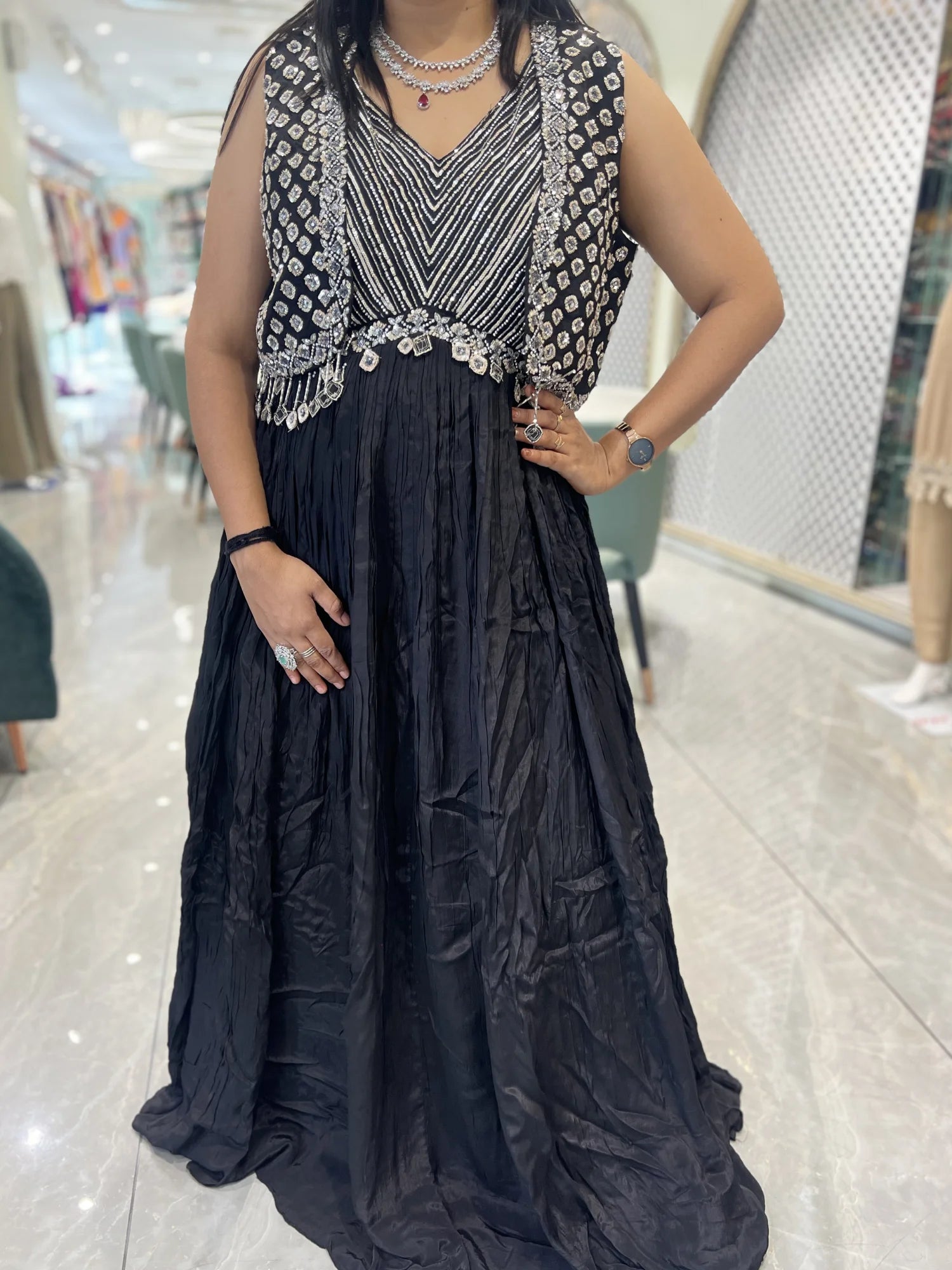 Black Sequin Georgette Gown - VFGORI 3151 2