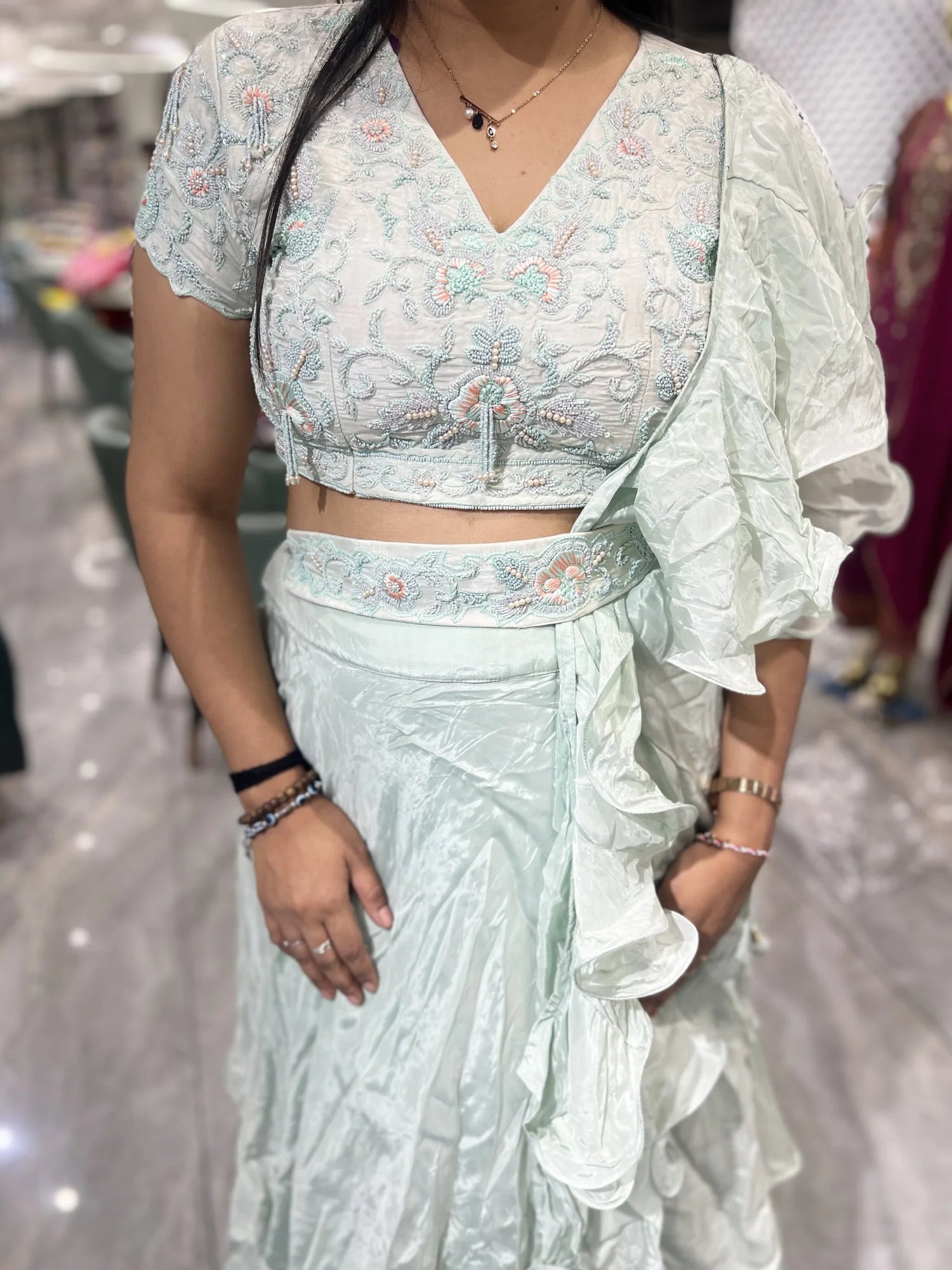 Mint Green Embroidery Chinon Crop Top - VIHGORI 437 4