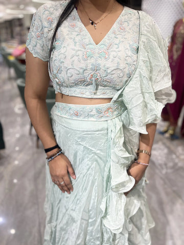 Mint Green Embroidery Chinon Crop Top - VIHGORI 437 4